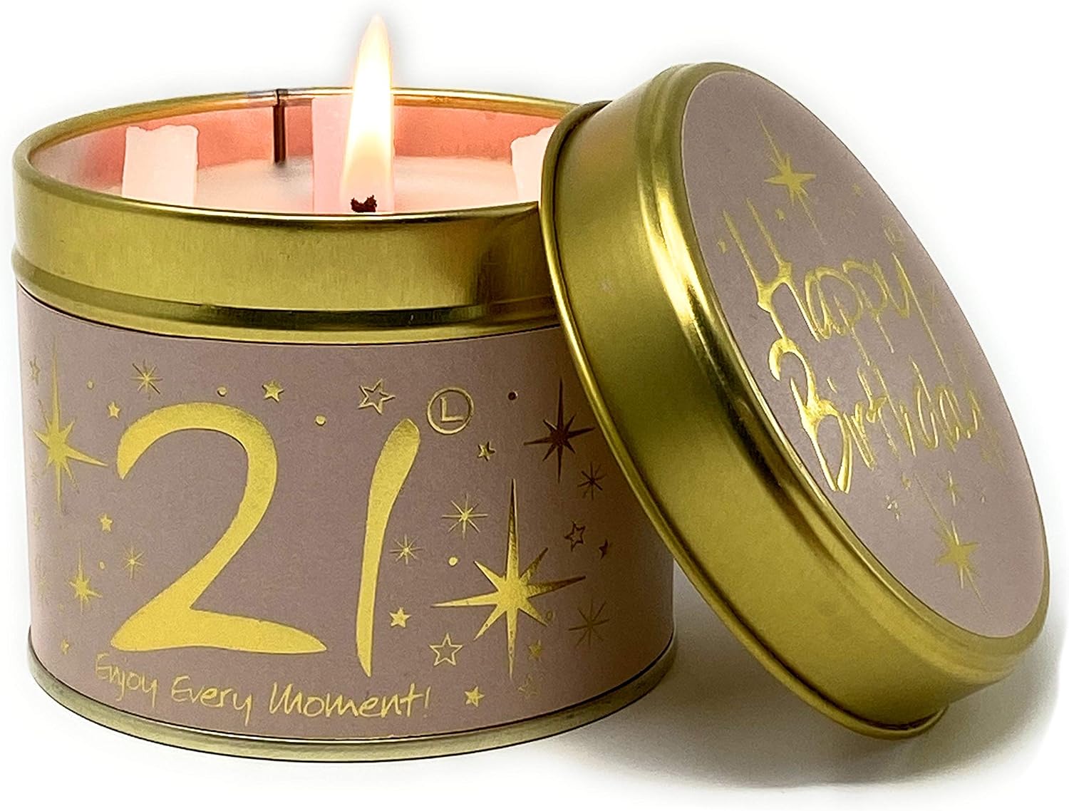 Lily Flame Happy Birthday 21st Scented Candle Tin - A Warm, Sweet Powdery Scent with Gold on Powder Pink - Cruelty Free and Vegan Friendly