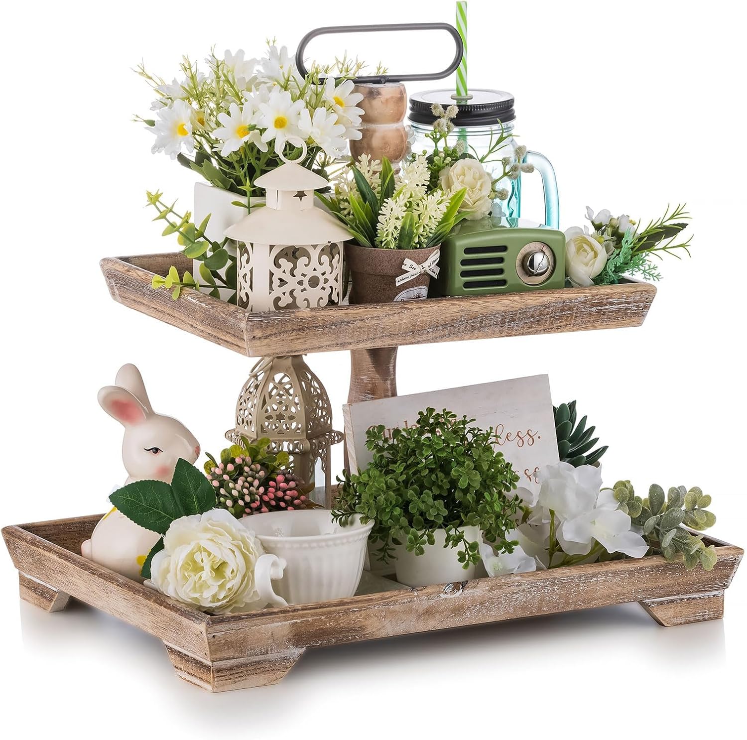 Hanobe Tiered Tray for Table Decor: 2 Tier Farmhouse Serving Stand Summer Decorative Tray for Coffee Bar Centerpiece Rectangle Wood Display Stands Kitchen Counter (Brown)