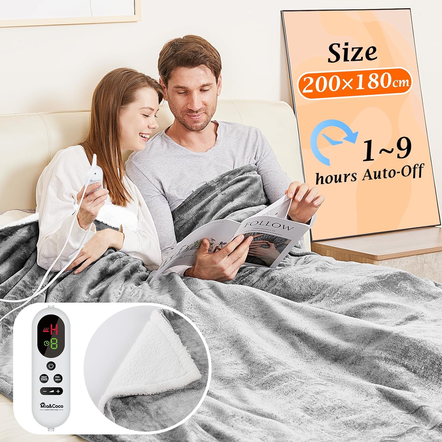 Mia&Coco Electric Heated Blanket Throw Flannel Sherpa Fast Heating 200x180cm, 10 Heat Levels & Up-to-9-Hours Auto-Off Timer & LED Display, for Home Office Use, Machine Washable, ETL Certified,Grey