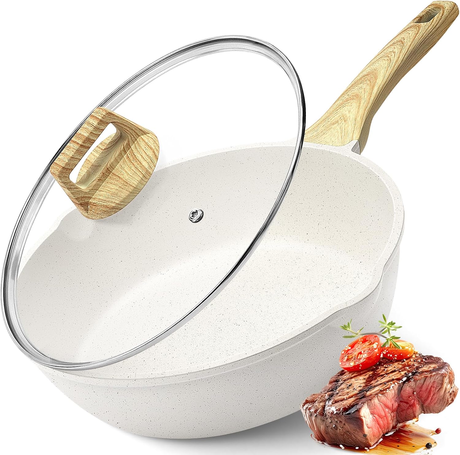 GiPP Nonstick Deep Frying Pan - 4.3L White Granite Saute Pan with Lid, Pour Spout and Stay-Cool Handle, Non Stick Skillet Non Toxic Cooking Pan Induction Cookware, PFOA Free (White, 28cm)