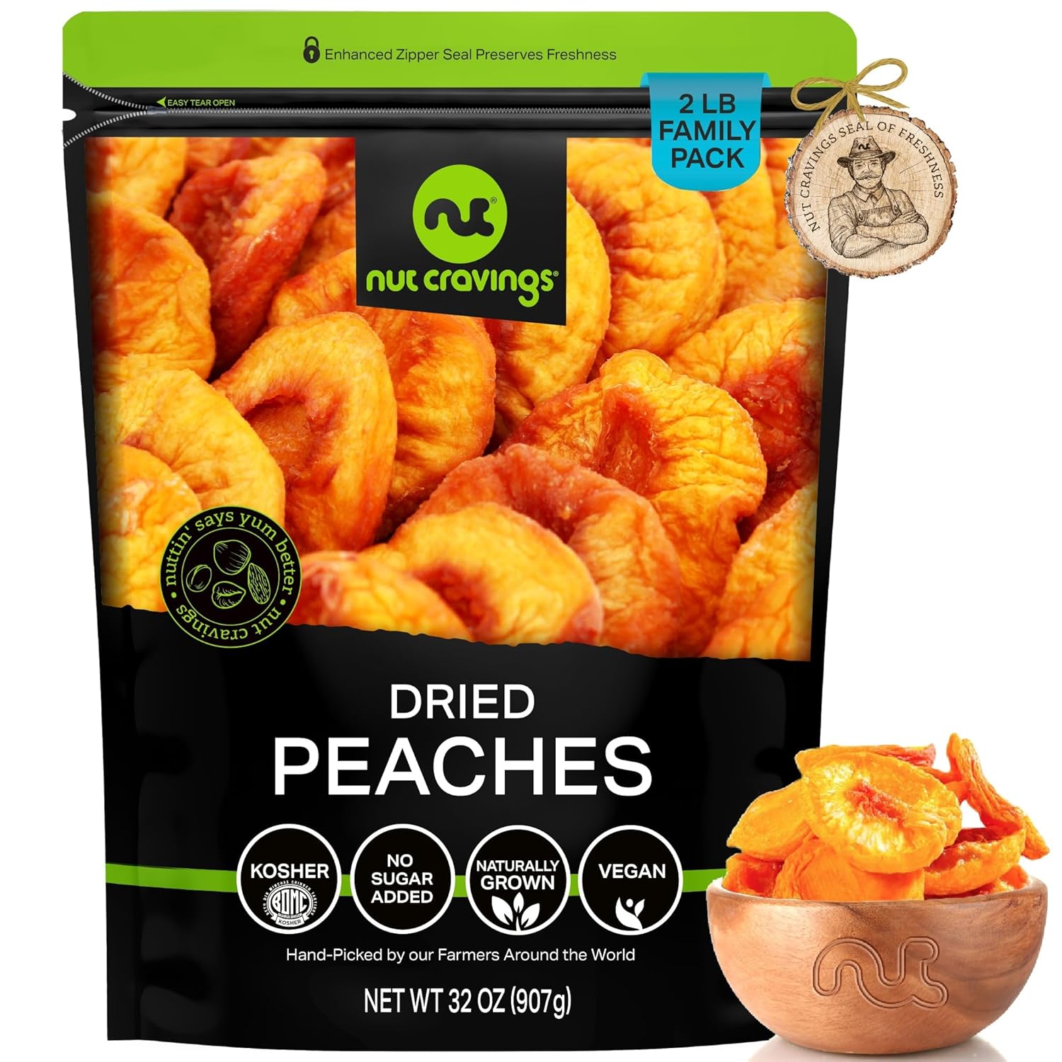 NUT CRAVINGS Dry Fruits - Sun Dried California Peaches, No Sugar Added (32oz - 2 LB) Packed Fresh in Resealable Bag - Sweet Snack, Healthy Food, Naturally Grown, Vegan, Kosher Certified