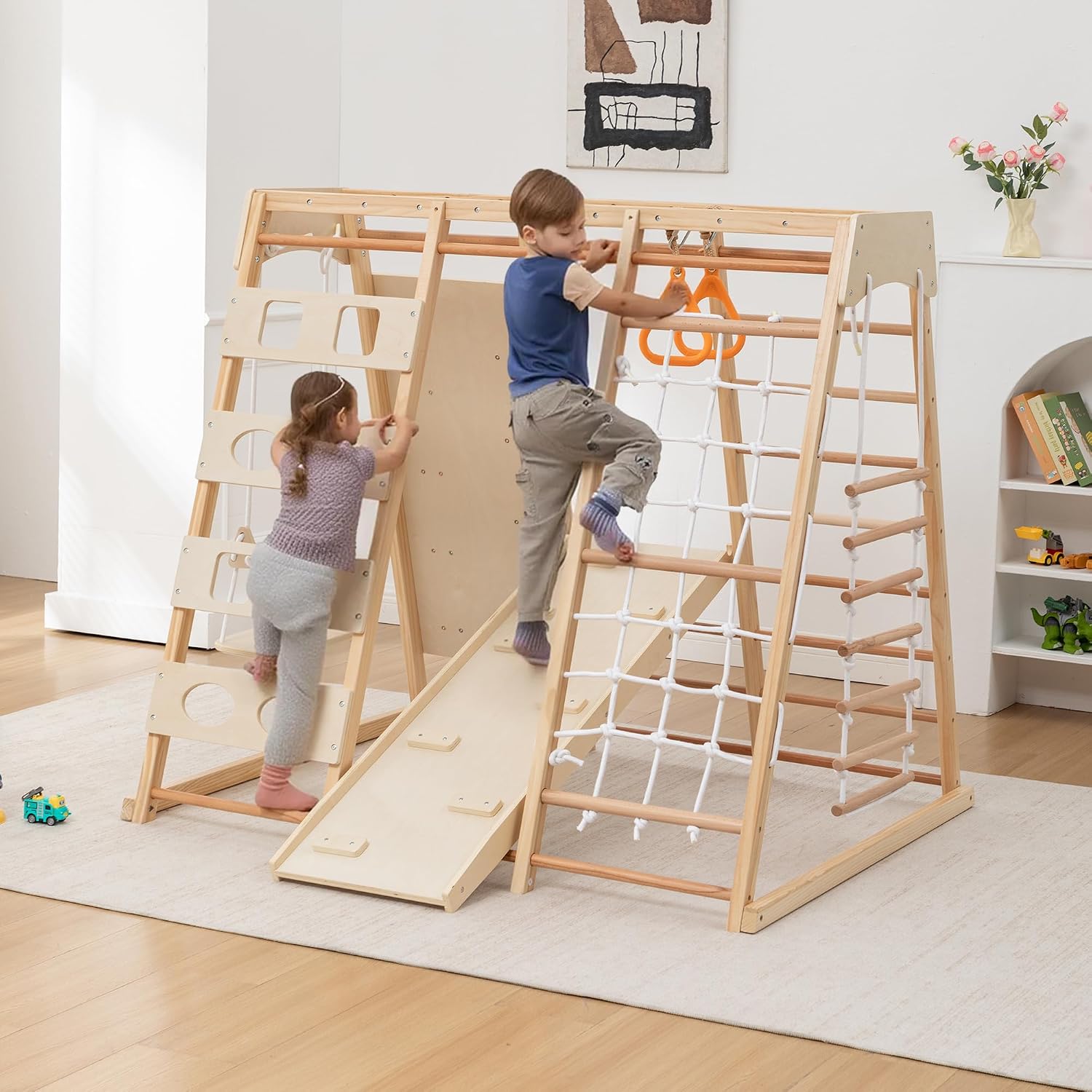 9-in-1 Toddler Indoor Jungle Gym & Playground Set, Wooden Climbing Toy with Slide, Swing, Climbing Net, Rings – Montessori-Inspired Kids Playset for Indoor Fun & Development, Ages 3-8
