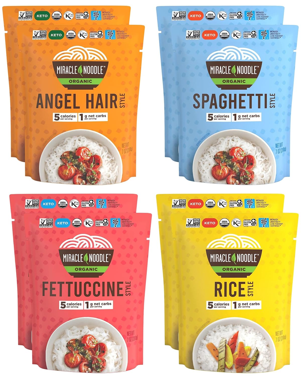 Miracle Noodle Organic Variety Pack (Angel Hair, Spaghetti, Fettuccine, & Rice) - Ready-To-Eat, Konjac Shirataki Noodles, Keto, Gluten Free, Low Carb & Calorie - 2 Bags Each, 8-Pack