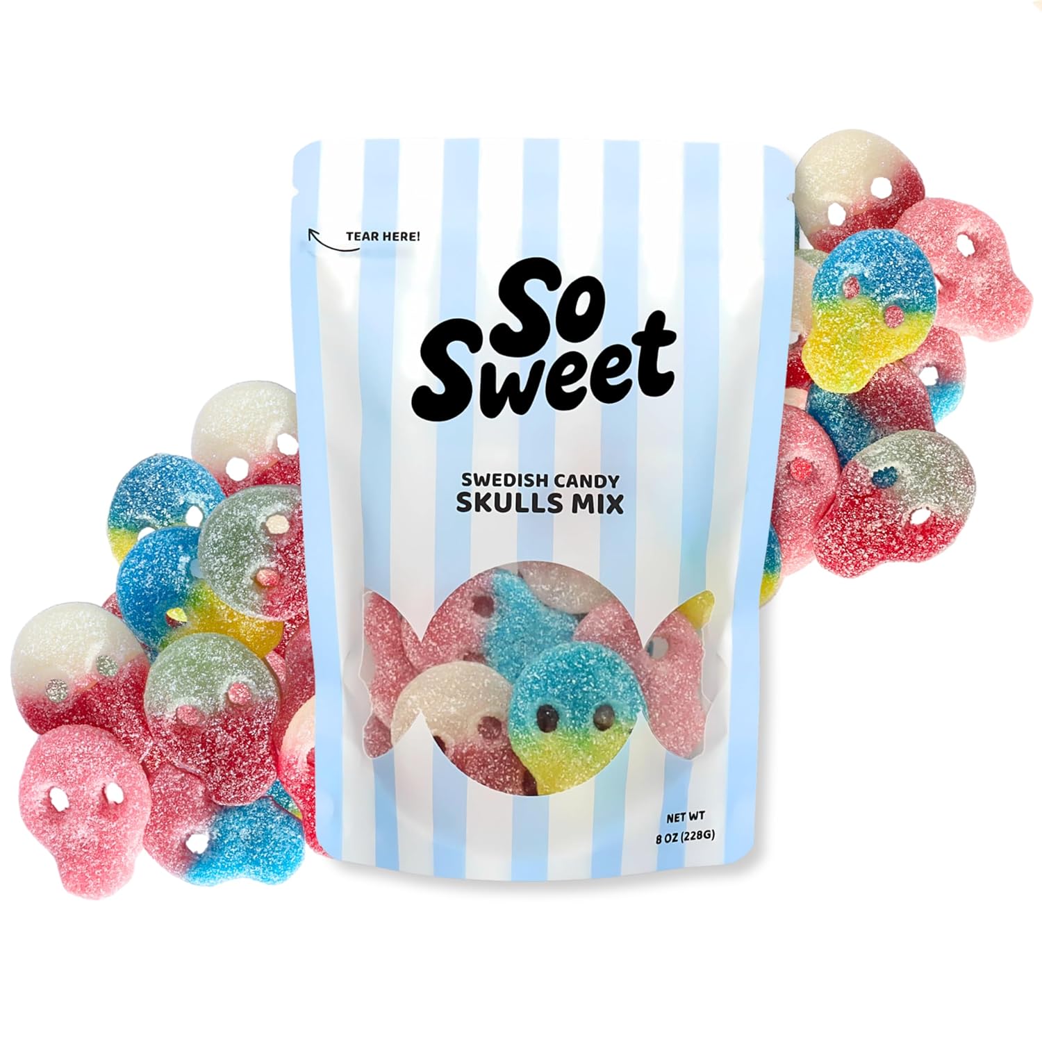 Swedish Candy Skulls Mix 8 oz – Sour & Sweet Chewy Skull Gummies Variety Bag, Scandinavian Pick & Mix – Freshly Imported From Sweden