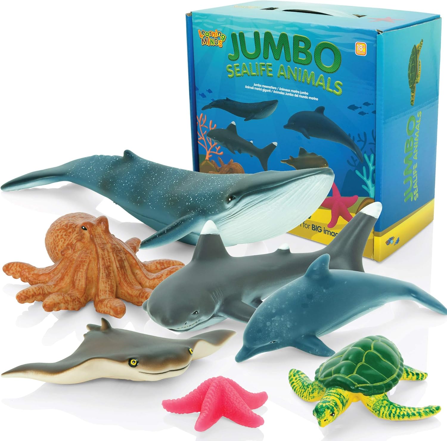 Learning Minds Jumbo Sea Animal Figures - Set of 7 Educational Fish Toys For Children - Shark, Whale, Dolphin Toys For Kids - Toy Fish & Sea Creatures For Children - Suitable From Age 18 Months