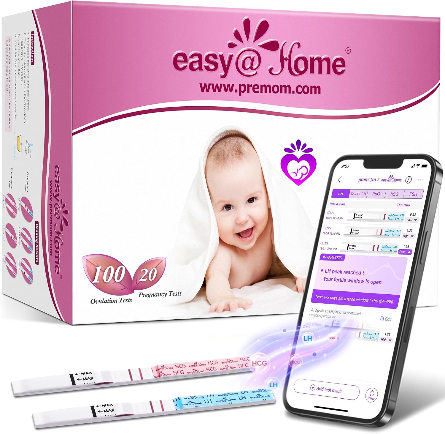 easy@Home Ovulation & Pregnancy Test Strips Combo Kit, 100 LH + 20 hCG