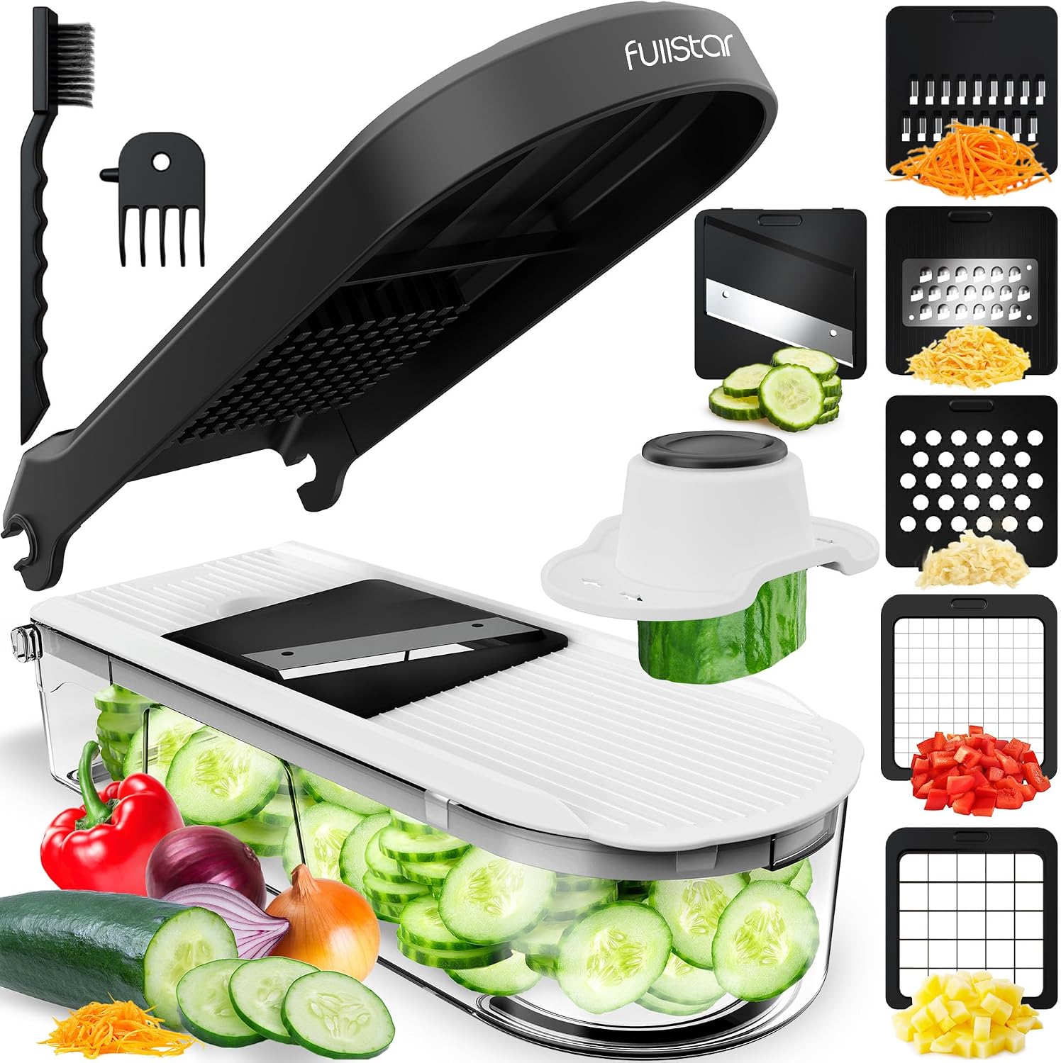 Fullstar Mandoline Slicer for Kitchen - Vegetable Chopper, Onion Potato Food Veggie Fruit Slicer and Cutter with Container, Kitchen Gadgets & Accessories, Home Essentials (6-in-1, White/Black)