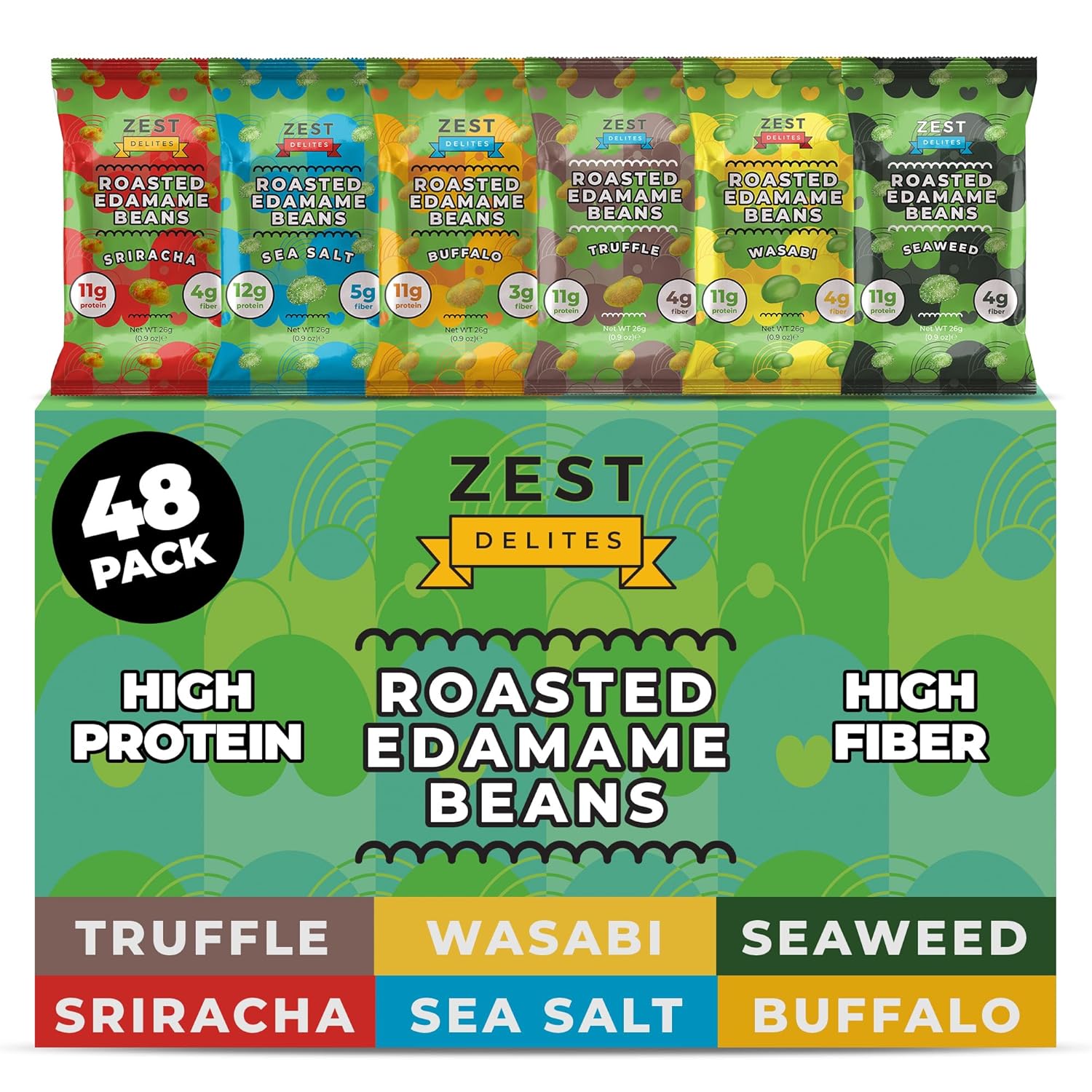 Edamame Snack by Zest Delites, 26g x 48 Packs, Healthy High Protein Snacks Bulk, Keto, Low Carb, Low Calorie, Sea Salt, Sriracha, Buffalo, Truffle, Seaweed, Wasabi