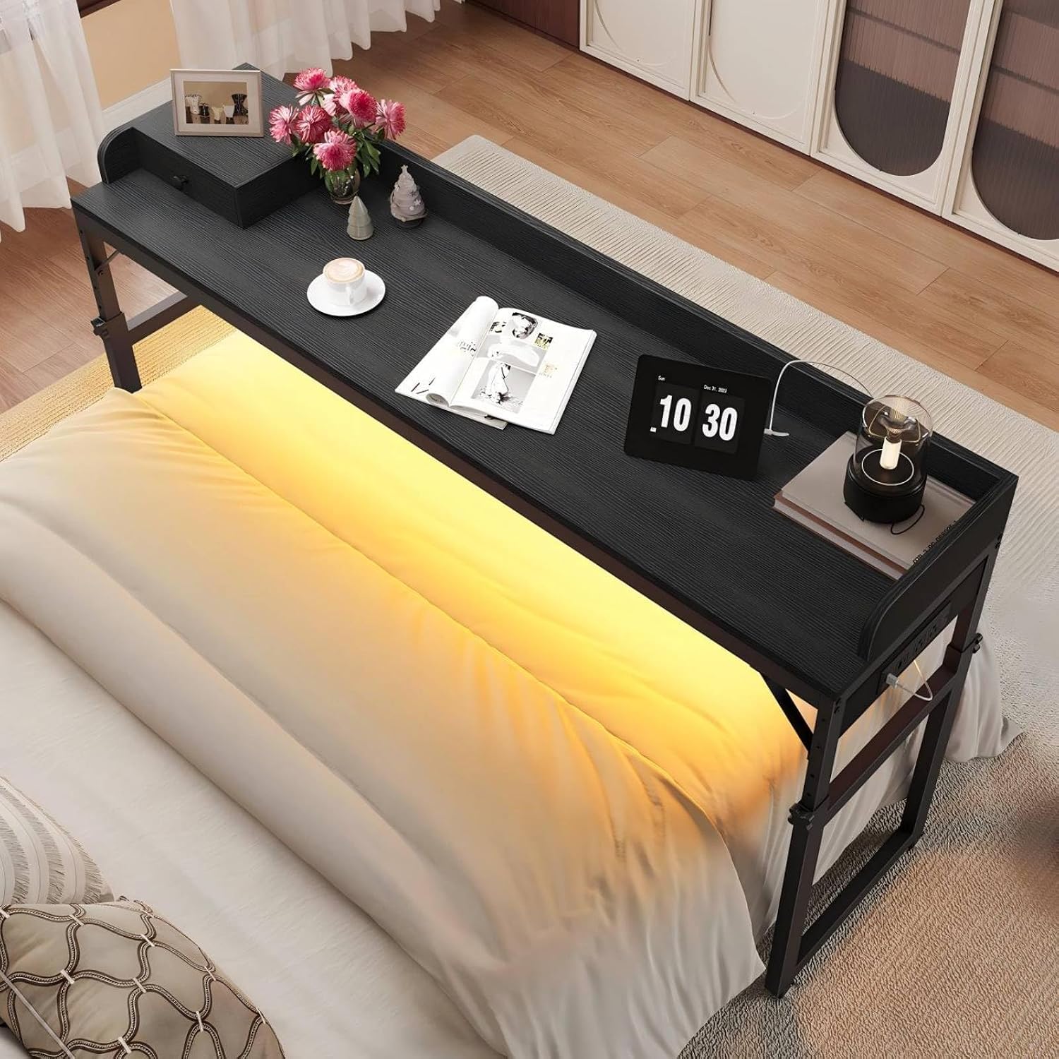 HOOBRO Overbed Table with Wheels, Rolling Table with Outlets & Light Strip for Queen Bed, Mobile Bed Desk & Drawer and Adjustable Height, Giant Computer Desk for Living Room, Black BB180UDDN01