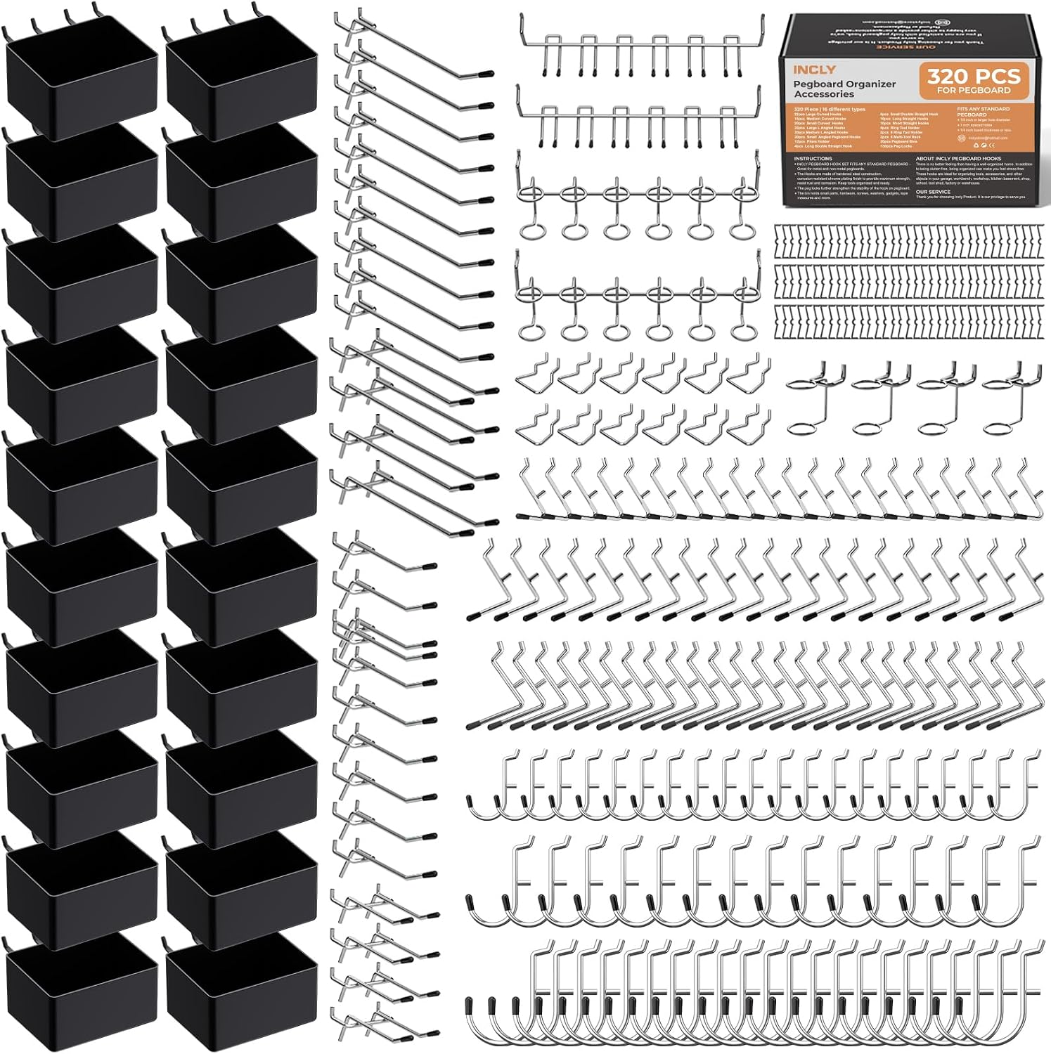 INCLY 320PCS Pegboard Accessories Organizer Kit with Peg Borad Hooks & Bins