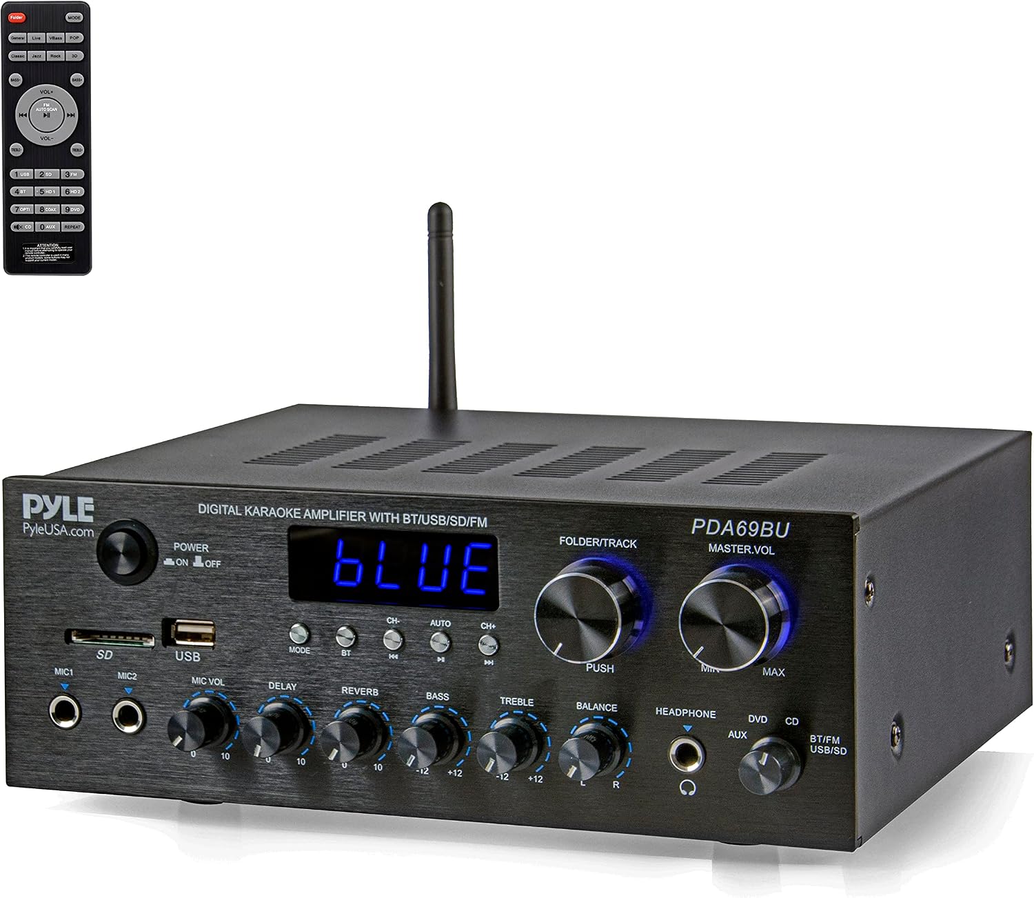 Pyle Stereo Amplifier Audio Receiver with Remote Control - Bluetooth Streaming, MP3/USB/SD/FM Radio, 2.0 Channel HiFi Sound System with RCA/Aux Inputs, Microphone & Headphone Jacks, Adjustable Bass