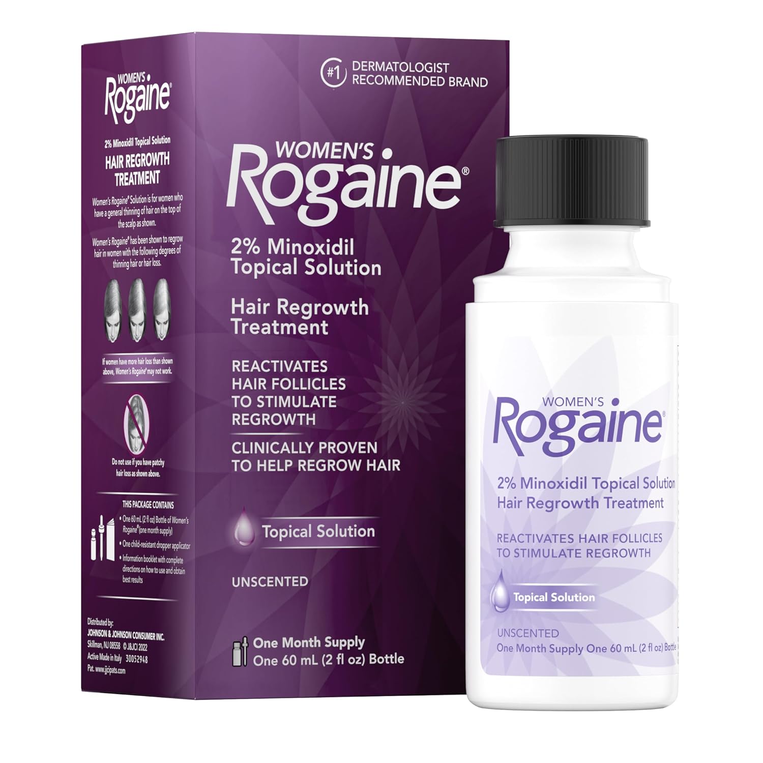 Women's Rogaine 2% Minoxidil Topical Solution for Thin Hair, Topical Hair Regrowth Treatment for Women, Unscented Minoxidil Liquid, 1-Month Supply, 2 fl. oz