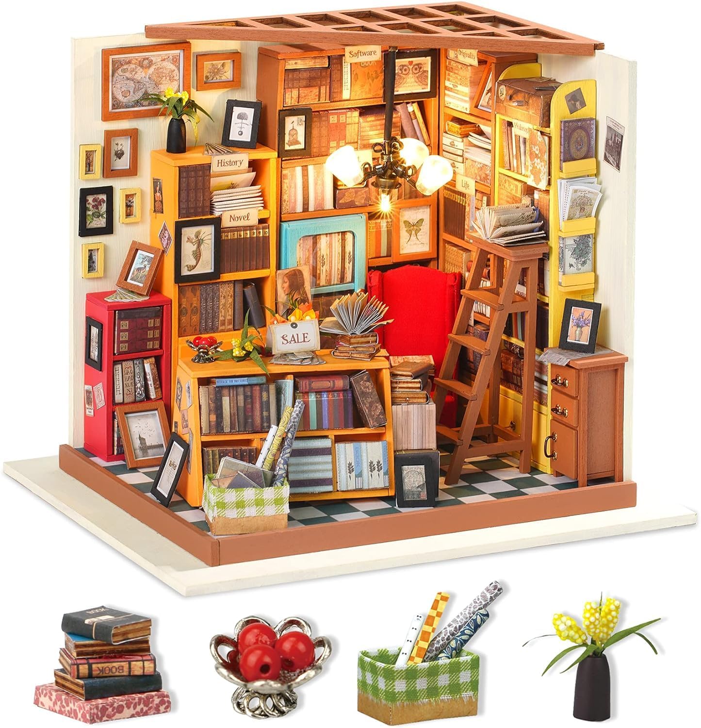 ROBOTIME DIY Dolls House Kit Wooden Library Model Kits Building, Book Nook Miniature Craft Kits, 1:24 Scale Book Store with Furniture and Accessories Educational Toys