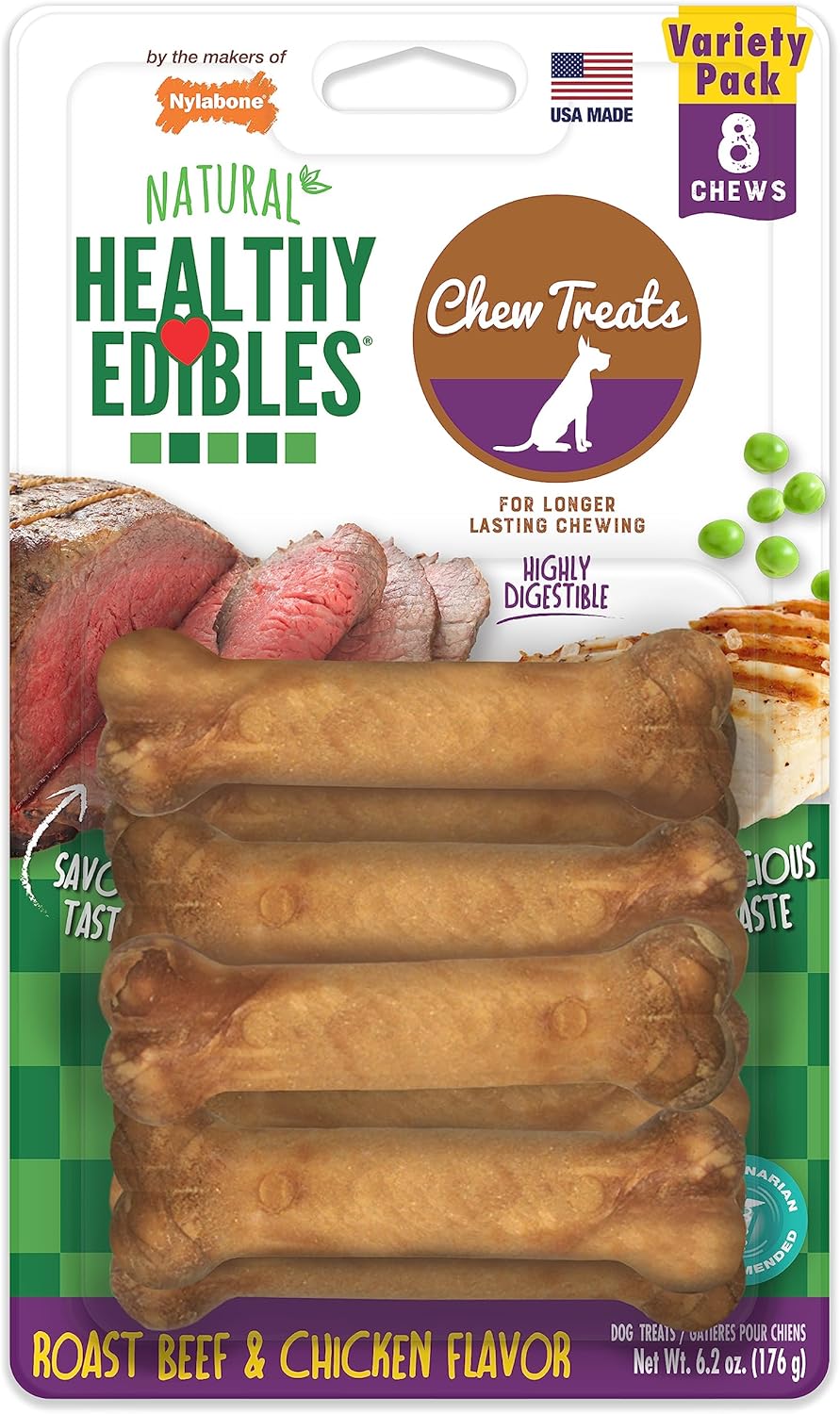 Nylabone Healthy Edibles Natural Dog Chews Long Lasting Chew Treats for Dogs, Roast Beef & Chicken Flavor, X-Small/Petite (8 Count)