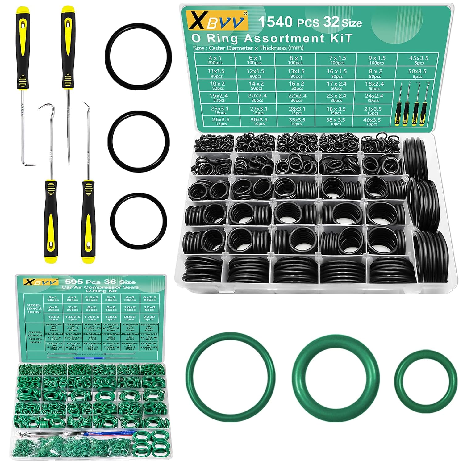 1540 Pcs 32 Size O-Rings and 595 Pcs Metric and SAE Air Conditioning O-Ring Kit for Automotive A/C, Compressor and Professional Faucet Plumbing Seal Orings Repair (2 in1 Kit)