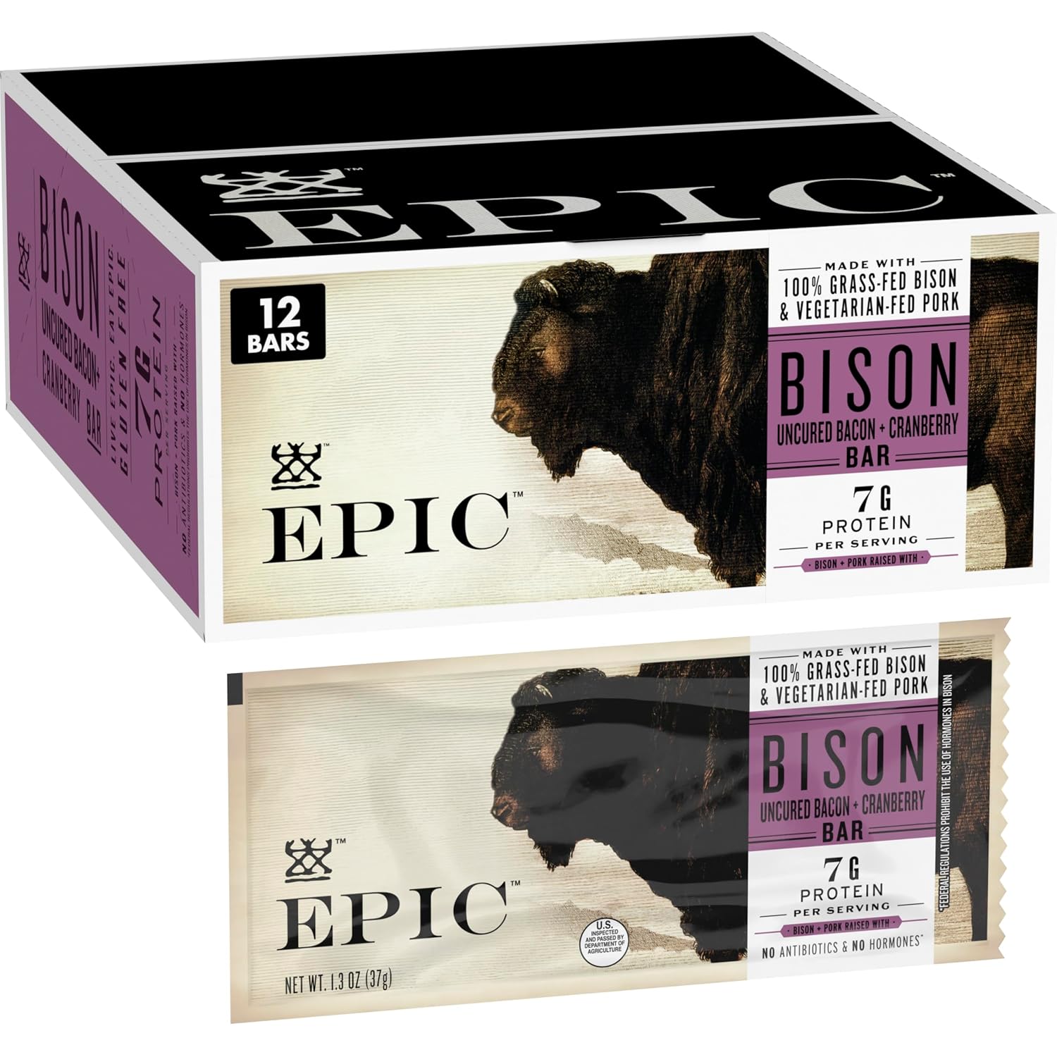 EPIC Provisions Bison Bacon Cranberry Bars, Gluten-Free, 12 ct, 15.6 oz | Paleo Friendly, Gluten-Free, 100% Grass-Fed Bison, 7g Protein per Bar