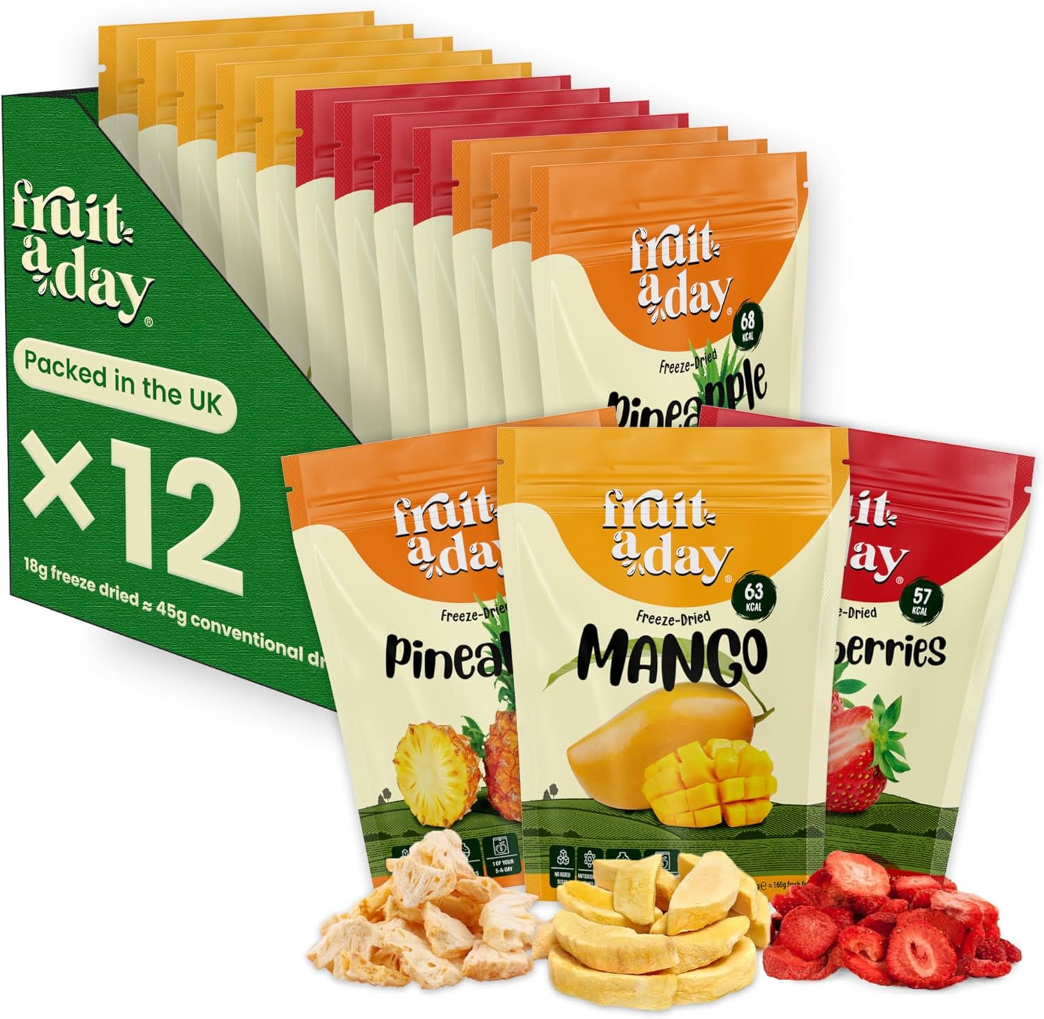 Fruitaday Crunchy Freeze Dried Fruit Mega Variety Pack - 4 x European Strawberries, 5 x Mango, 3 x Pineapple - Healthy Snacks - 12 x 18 g (0.64 Ounces) Healthy Crisps