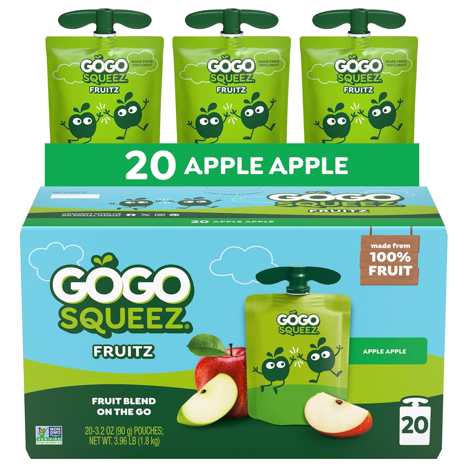 GoGo squeeZ No Sugar Added Applesauce and Fruit Puree, Apple, 3.2 oz Pouches (Pack of 20), Fruit Snacks for Kids, Gluten Free, Nut Free, Recloseable Cap, BPA Free | Kids on the go fruit snack made with applesauce & fruit puree; 3.2 oz pouches, gluten and nut free, recloseable cap, BPA-free