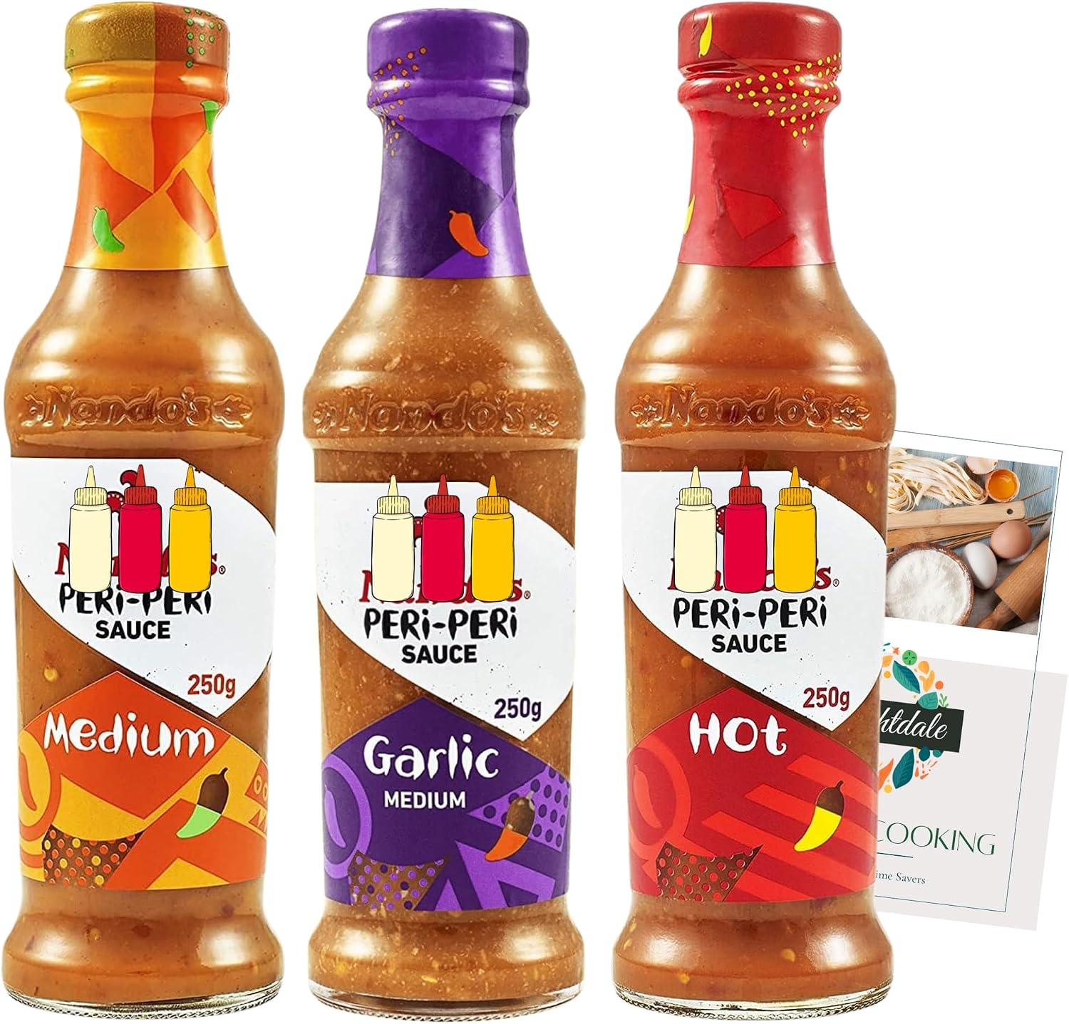 Assorted Sauce Bundle with Nando's Peri-Peri Hot, Medium and Garlic 250g each + Brightdale Kitchen Booklet