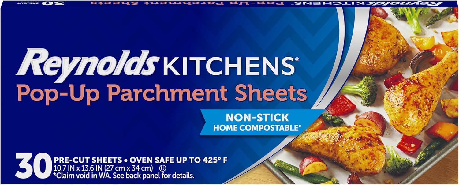 Reynolds Kitchens Pop-Up Parchment Paper Sheets, 10.7x13.6 Inch, 30 Sheets