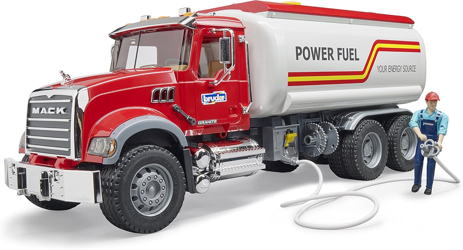 Bruder Mack Granite Tanker Truck 02827 | 1:16 Scale Water Tanker Toy Truck with Working Pump, Chrome Cab, Compatible with Bworld Figures | Made in Germany for Indoor and Outdoor Play