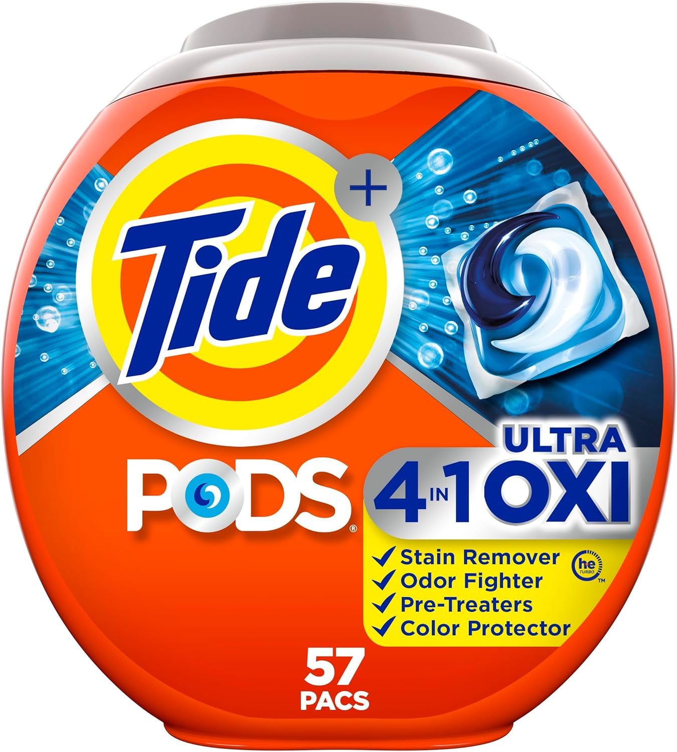 Tide PODS Liquid Laundry Detergent Soap Pacs, 4-n-1 Ultra Oxi, HE Compatible, Built in Pre-treater for Stains, 57 Count