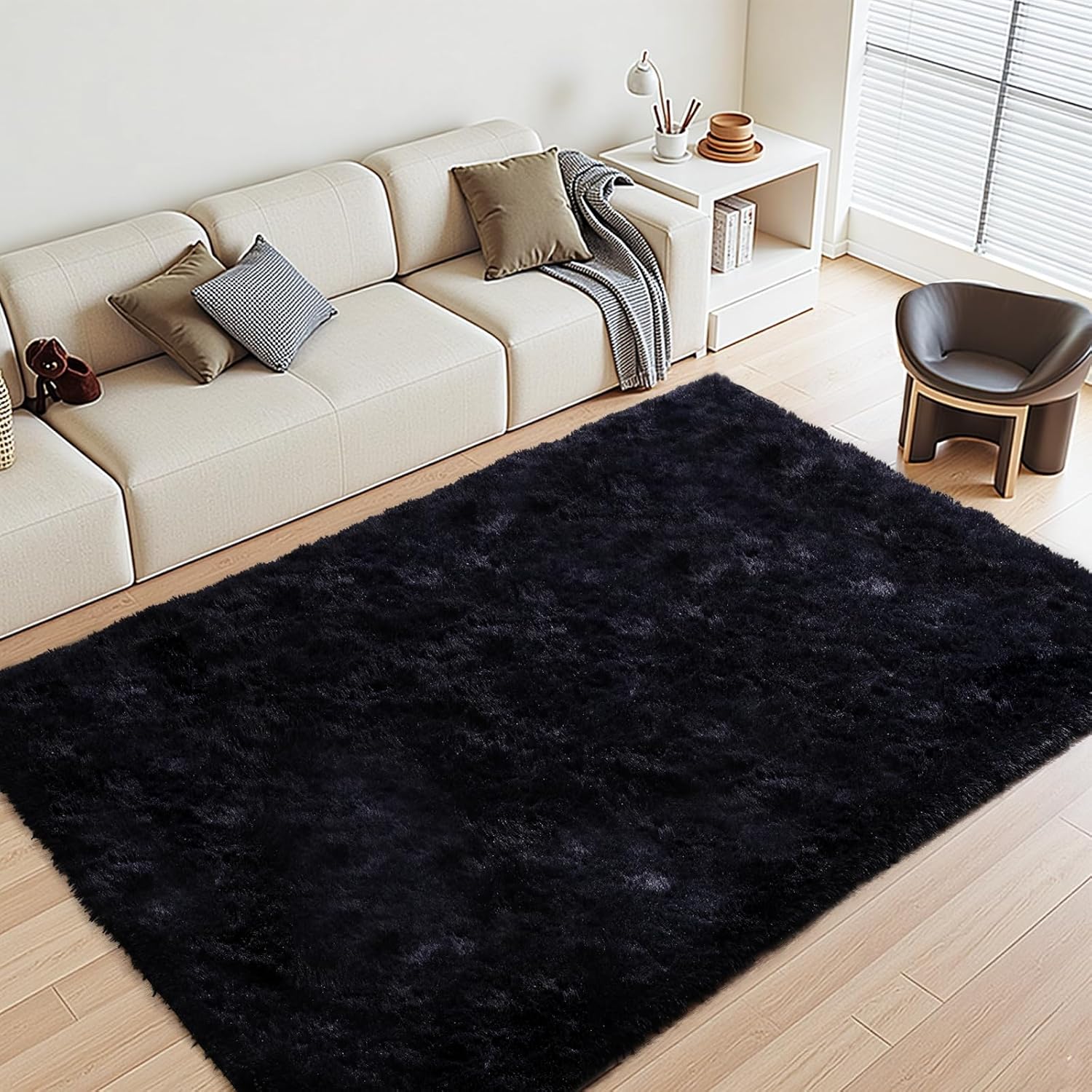 Black Rugs for Living Room Fluffy 4x6 ft Bedroom Rug Non-Slip Area Rugs Shag Carpet for Nursery Kids PlayRoom Dorm Office Indoor Modern Plush Carpets Boys