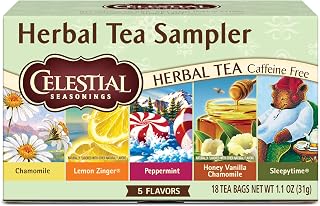 Celestial Seasonings Herbal Tea Sampler Variety Pack, Caffeine Free, 18 Tea Bags Box