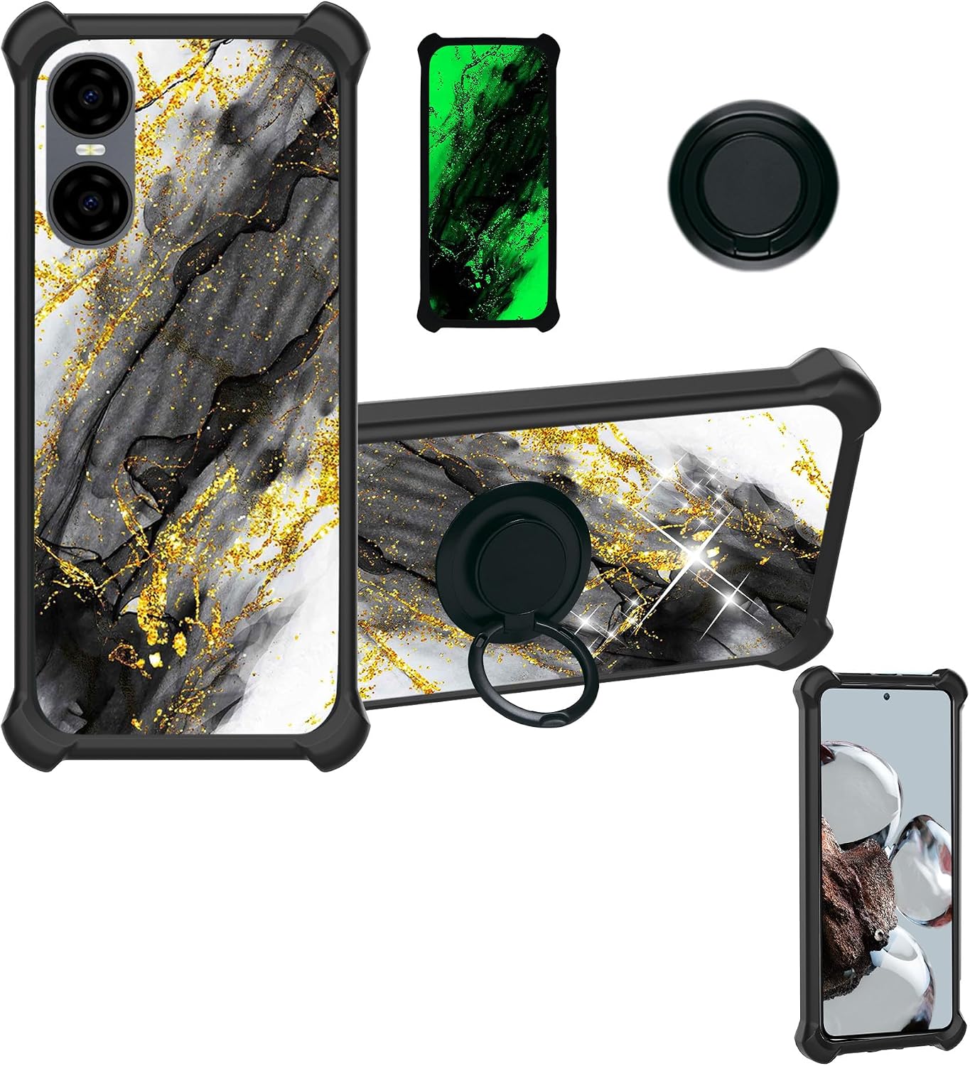 BLU G63 Case Compatible with BLU G63 Phone Case Cover [Hard PC + Soft Silicone][Ring Support] [Gold Glitter+Luminous] JSH-HDL