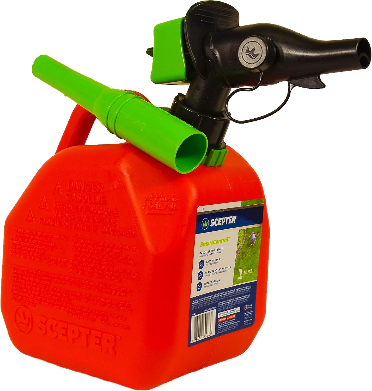 Scepter 1 Gal Gas Can, Spill Proof SmartControl Spout, Spout Extender, Red