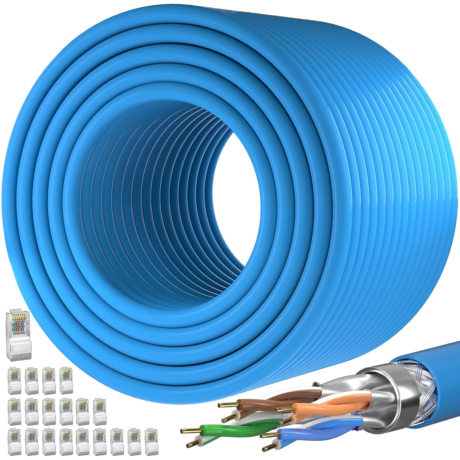 MEIPEK Cat 7 Outdoor Ethernet Cable 500ft (DIY Bulk Cat7 Cable x 30 RJ45 ) | ( SFTP Triple Shielded Ethernet Cable ) High-Speed 10Gbps 600MHz, Direct Burial, Waterproof/UV Resistant, Network, for Router