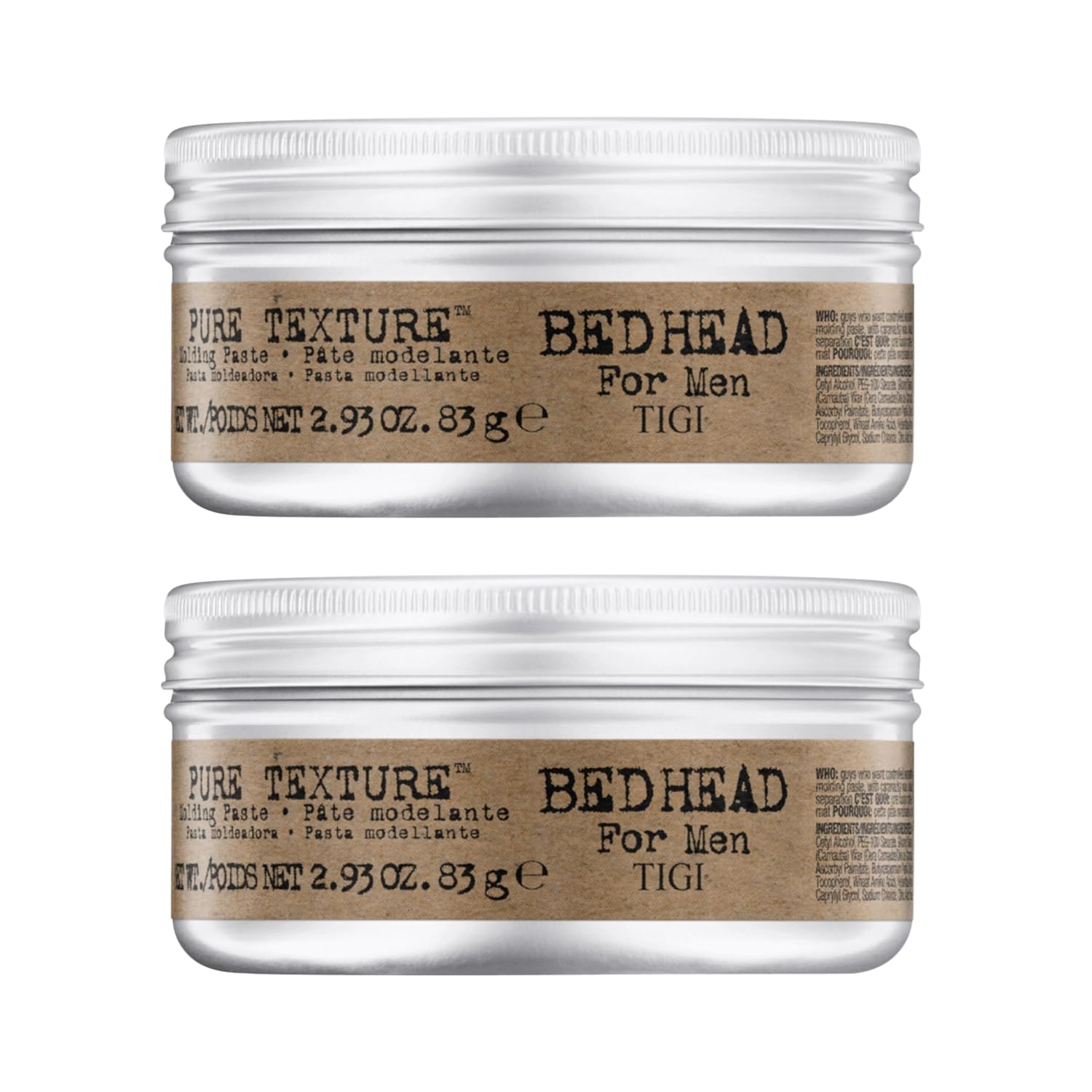 TIGI Bed Head for Men Pure Texture Hair Molding Paste - Use for Texture & Separation - Versatile Cream-to-Paste Fusion - For Men's Hairstyles - Use on Damp & Dry Hair - 2.93 oz (2 Pack)