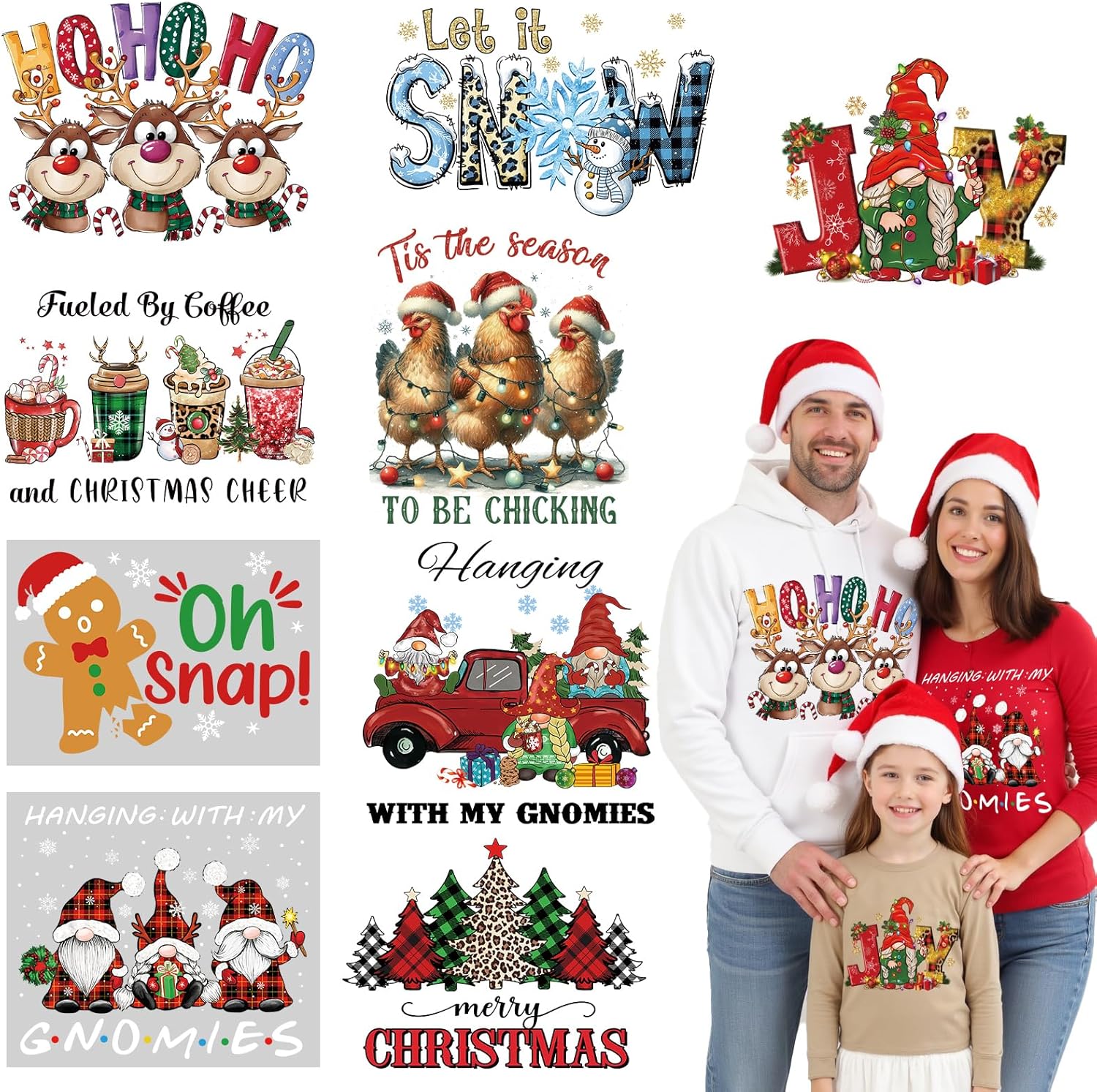 9 Sheets Christmas DTF Transfers Ready to Press Iron on Transfers for Tshirts - Iron on Patches on Clothes - Heat Transfer Vinyl Stickers Iron on Decals for Tablecloth Garden Flag DIY Crafts