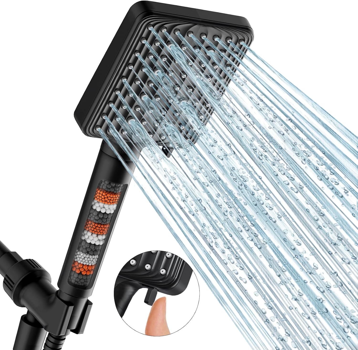 Filtered Shower Head Black - 6 Modes High Pressure Handheld Shower Head with Filter Mineral Beads, Detachable Handheld Showerhead Set with Stainless Steel Hose and Shower Arm Bracket