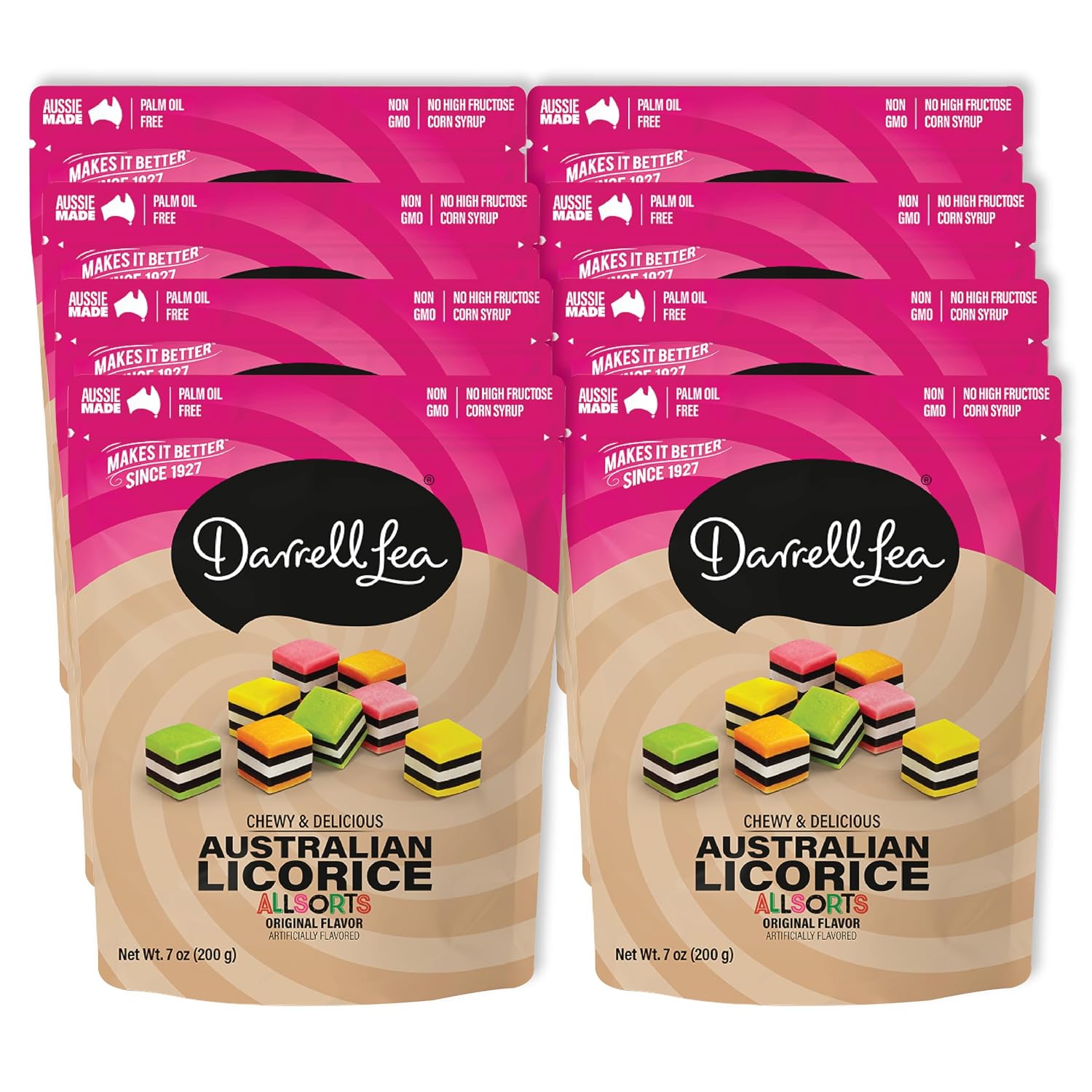Darrell Lea Soft Australian Licorice, Non-GMO, No Palm Oil, Vegetarian Friendly, No High Fructose Corn Syrup, Soft & Chewy Licorice Candy, Made in Australia (Allsorts, 7 Ounce (Pack of 8))