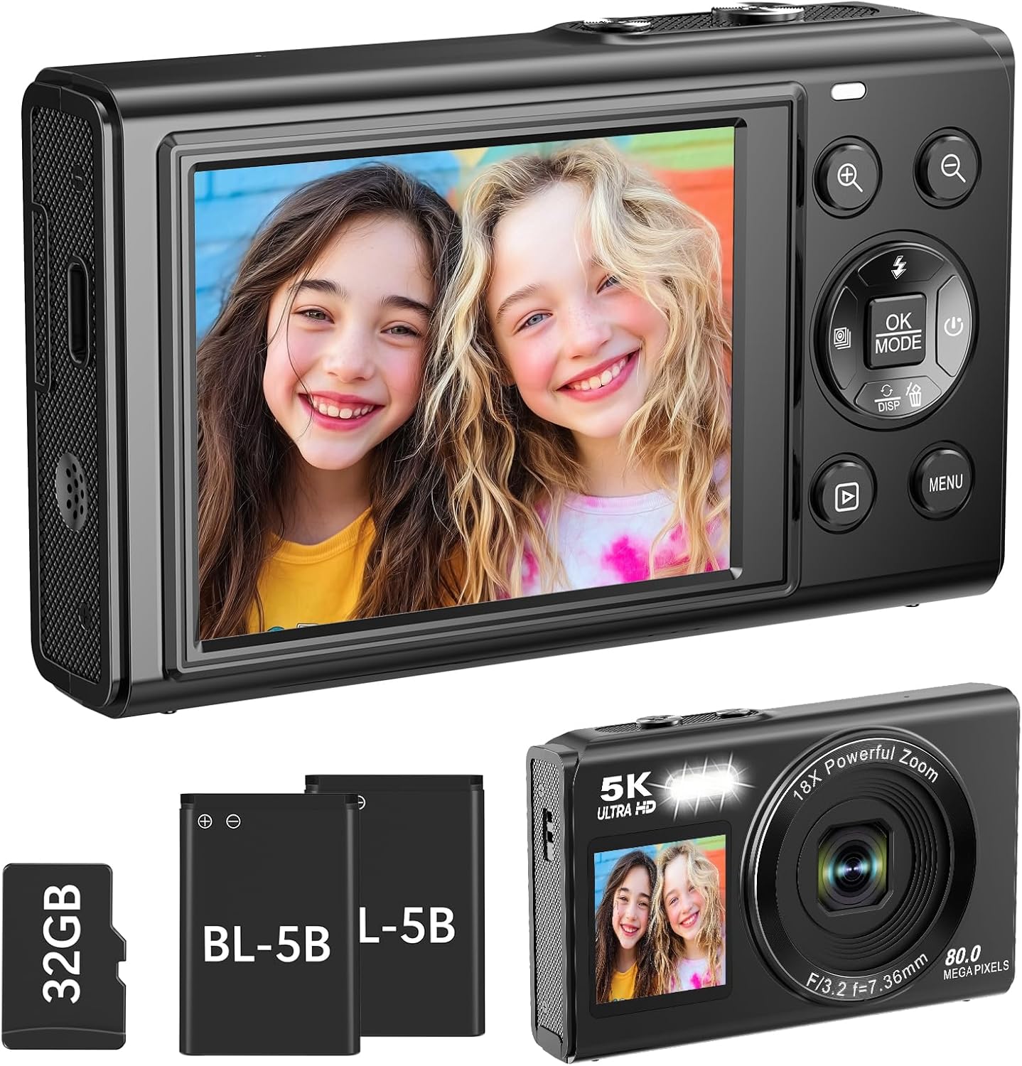 5K 80MP Digital Camera with 18X Digital Zoom & Flash, Dual Screens Vlogging Camera for YouTube with 32GB TF Card & 2 Batteries,Portable Compact Camera for Kids Teens Adult(Black)