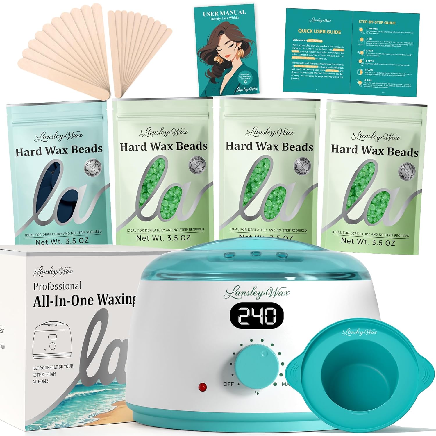 LANSLEYWAX Digital Waxing Kit for Women Men 2025, Wax Warmer for Hair Removal with Silicone Pot, Hard Wax Kit, Waxing Machine for Sensitive Skin Brazilian Bikini Leg Eyebrow Full Body Home Use