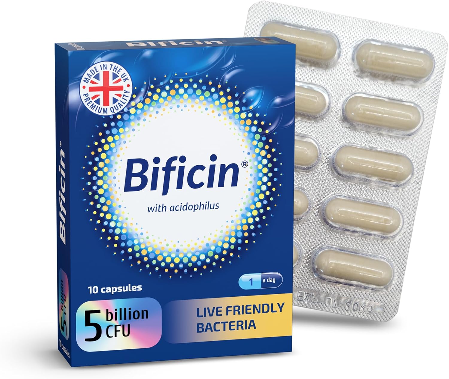 Bificin - Probiotics and Prebiotics for Gut Health - 5 Billion CFU - 10 Live Bacterial Cultures: Lactobacillus Acidophilus, Lactis, Rhamnosus & Bifidobacterium Longum, Breve, Bifidum - 10 Capsules
