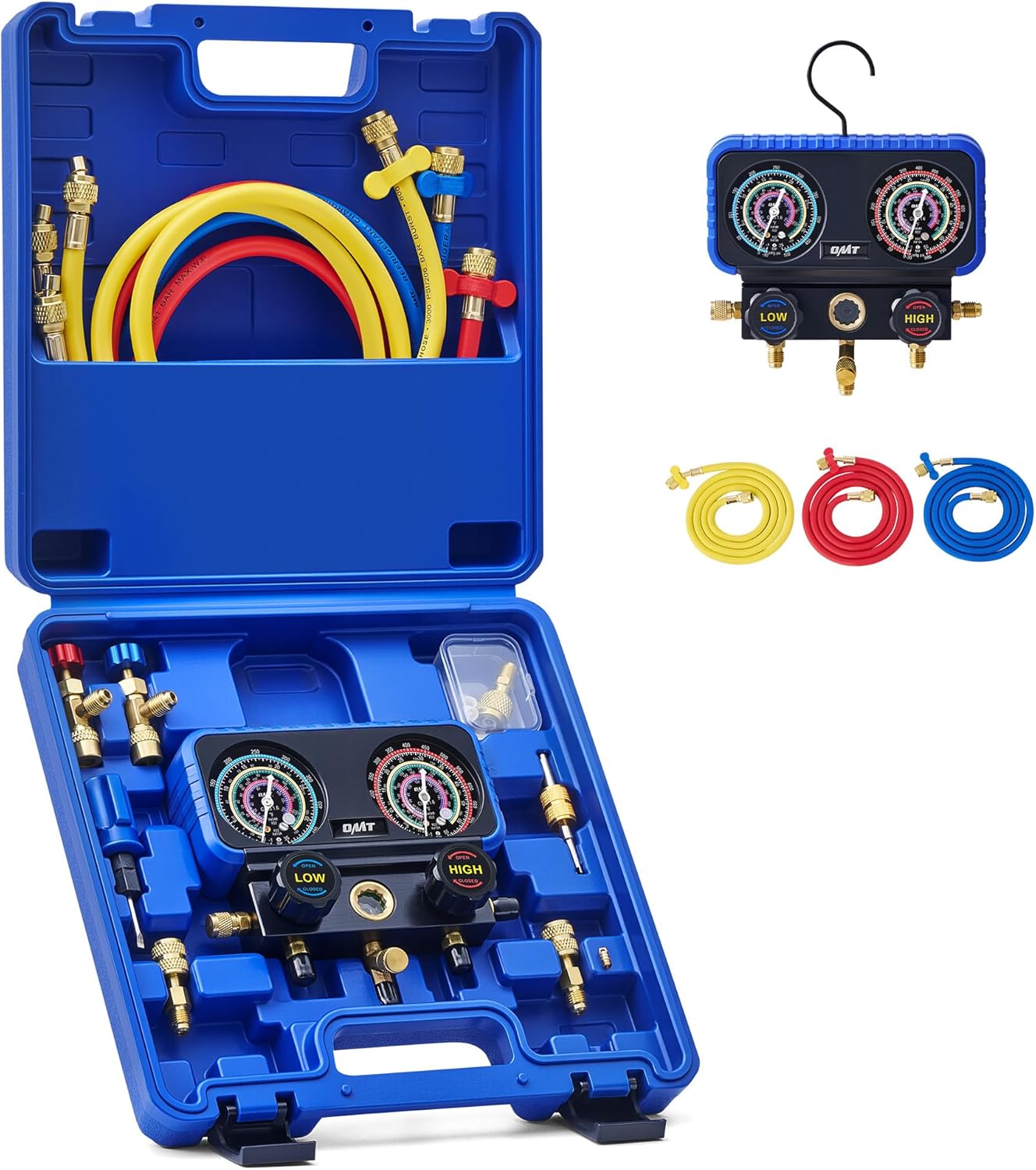 Orion Motor Tech AC Gauge Set, 3-Way AC Manifold Gauge Set for R410A R32 R22 R454B Refrigerant with 5ft Hoses, A/C Gauge with R410 R12/R22 Safety Valves R410A R32/R454B Adapters Valve Core Wrench | Includes R410 R12/R22 Safety Valves R410A R32/R454B Adapters Valve Core Wrench; Solid Brass Build; For Auto Freon Recharge