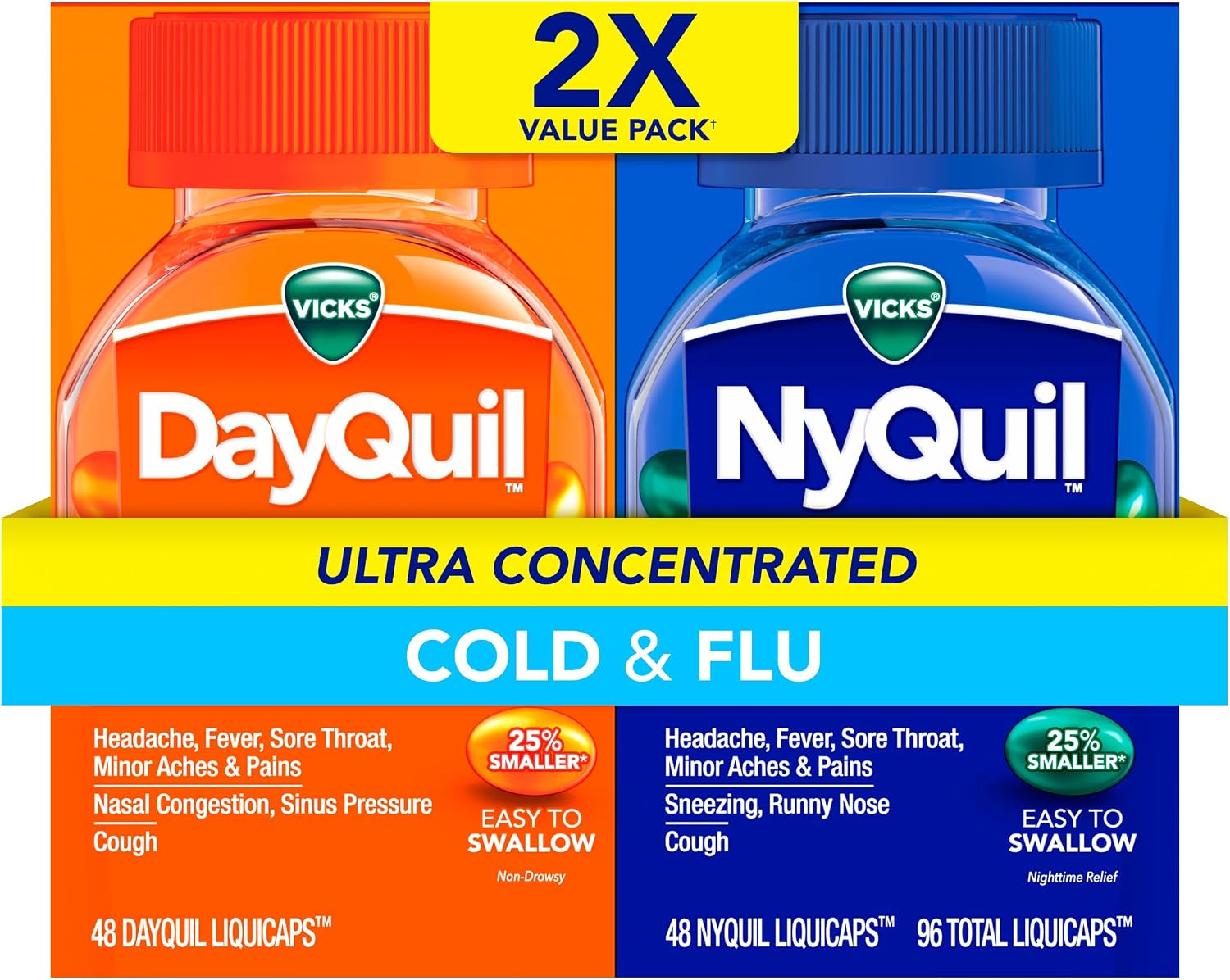 Vicks DayQuil & NyQuil Ultra Concentrated Liquicaps Co-Pack, Cold & Flu Medicine, Powerful Multi-Symptom Daytime & Nighttime Relief for Headache, Fever, Sore Throat, Minor Aches & Pains, & Cough, 96ct