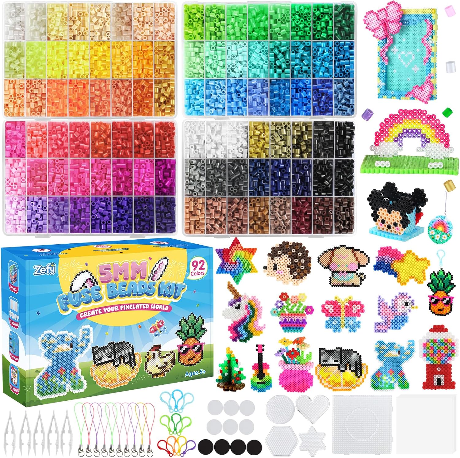 Zefy Fuse Beads Kit 92 Colors 19200 Pcs Melting Beads 5mm Beads Craft Kit