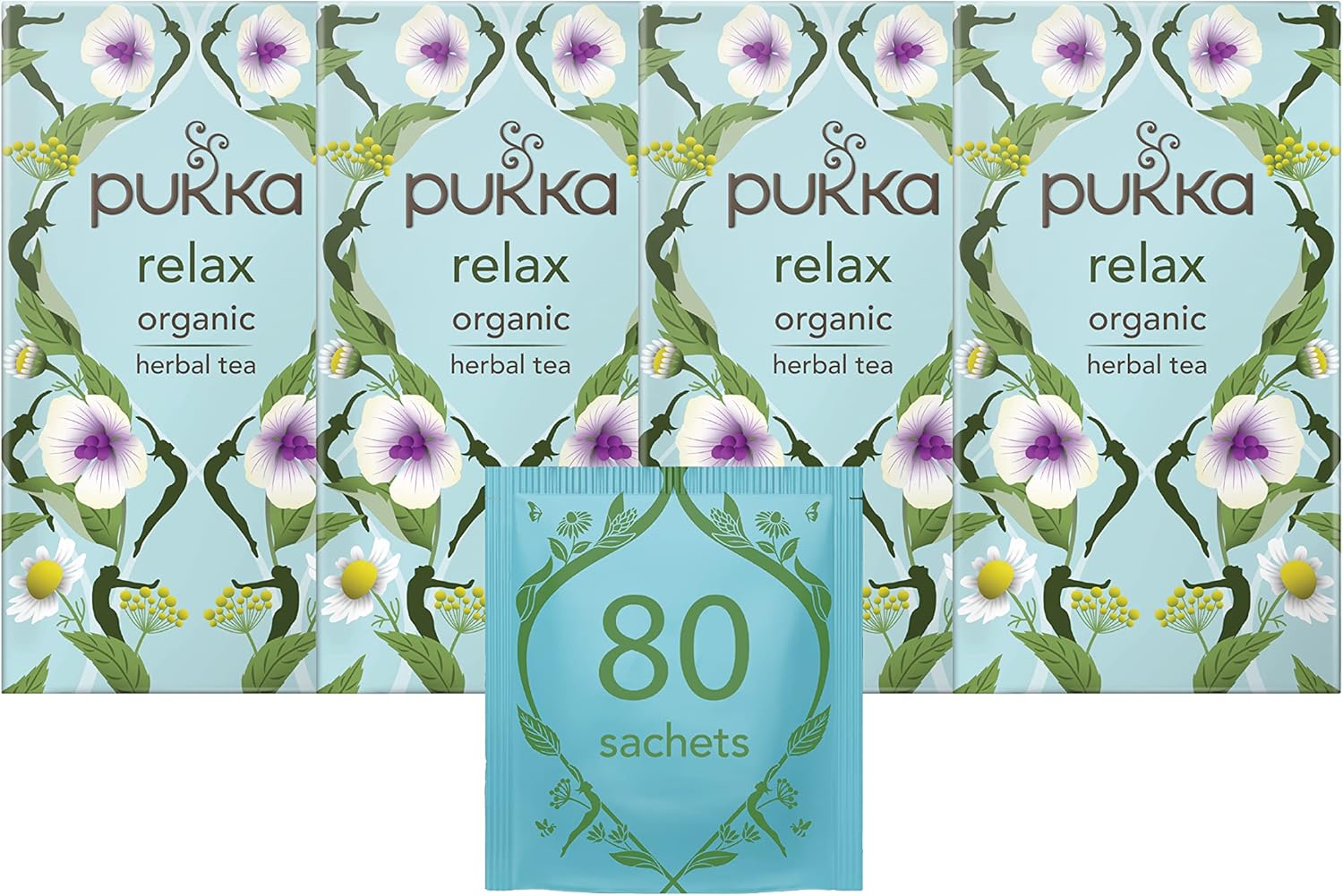 Pukka Herbs | Relax Organic Herbal Tea Box | Tea Infusion With Chamomile, Cardamon and Fennel | Perfect For Calming | Caffeine Free | 4 Packs | 80 Plant Based Biodegradable Tea Bags