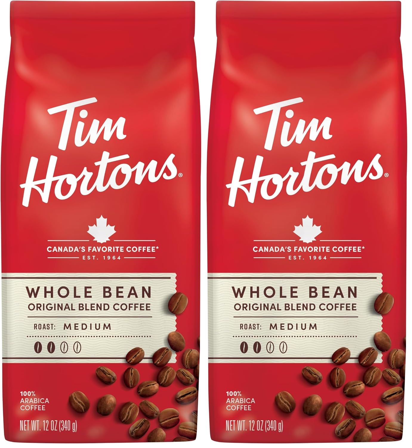 Tim Hortons Coffee, Medium Roast, Whole Bean | 100% Arabica | 12 Ounce Bag | Pack of 2