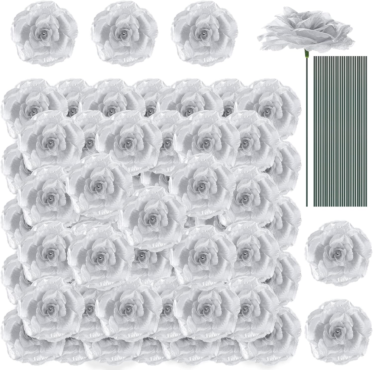 Yunlly 100 Pcs Flowers Long Stem Artificial Rose Flowers Roses Fake Faux Artificial Roses Bouquet Wedding Party Home Decor for DIY Baby Shower Centerpieces Tables Home Decorations (Silver)