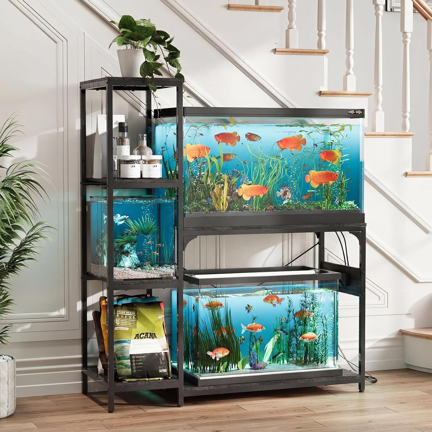VOWNER 20-29 Gallon Fish Tank Stand with Power Outlet, Wood Aquarium Stand with Shelves for Fish Tank Accessories Storage, Heavy Duty Metal Frame, Turtle Reptile Terrarium Stand, Load 500lb, Grey