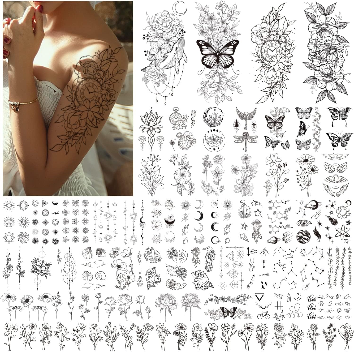 Acevegue 61 Sheets Temporary Tattoos for Women Girls - Black Flowers Wild Plant Butterfly Fake Tattoos for adults, Semi Permanent Transfer Tattoos Stickers for Makeup Accessories Decorations