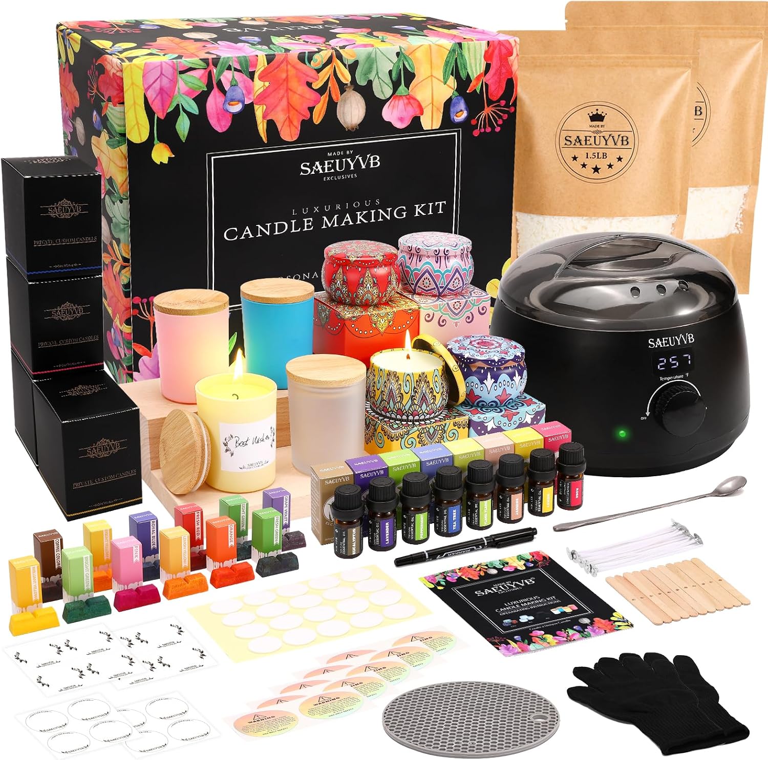 SAEUYVB Candle Making Kit with Hot Plate Full Set - for Adult - DIY Starter Soy Candle Making Supplies - Perfect as Home Decorations
