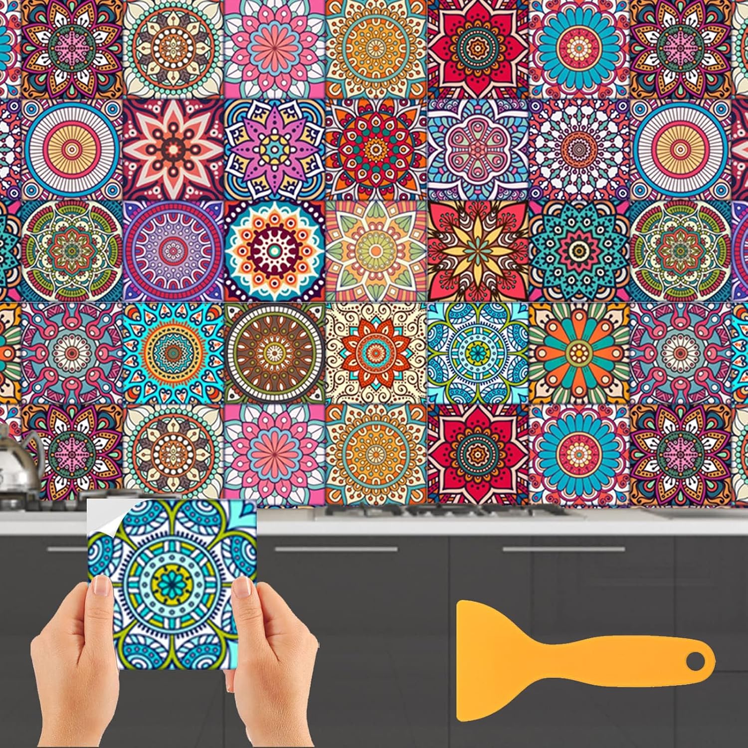 ZOCONE Moroccan Tile Sticker, 24 PCS Square Colorful Tiles Stickers for Kitchen Bathroom, Waterproof, 15 * 15cm Vinyl Wall Tile-Stickers Mandala Tile Decals Transfers Stickers Stick on Tiles