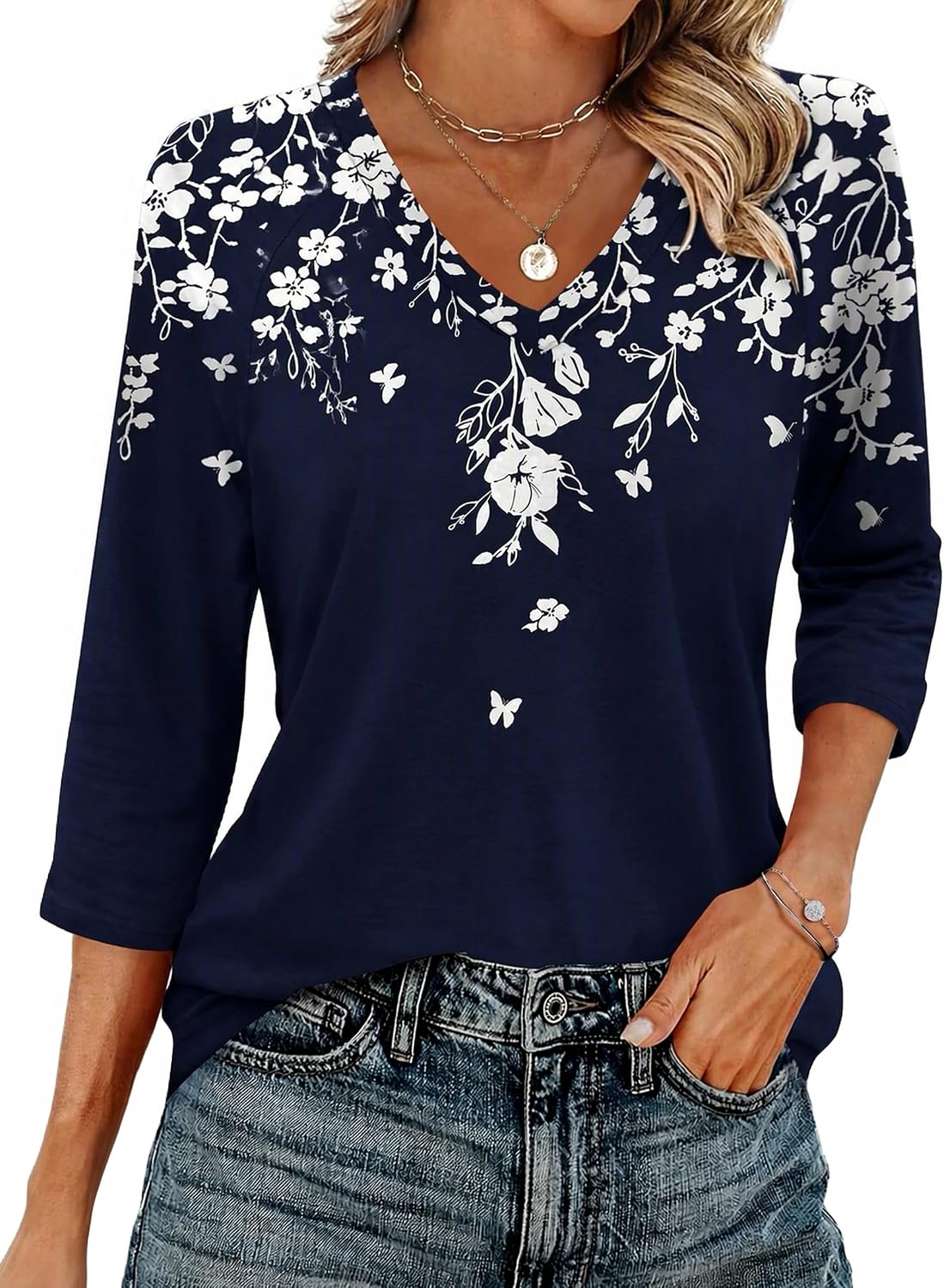 Zeagoo 3/4 Length Sleeve Womens Tops Casual V Neck Shirts Soft Basic Tees