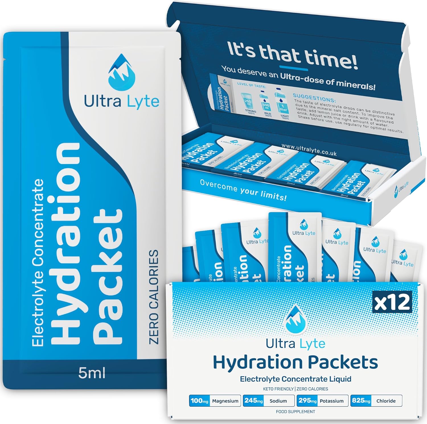 Ultra Lyte Hydration Packets - Sugar Free Keto Daily Electrolytes Liquid Trace Minerals Magnesium Sodium Potassium Highly Concentrated Electrolyte Sachets (12 Sachets)